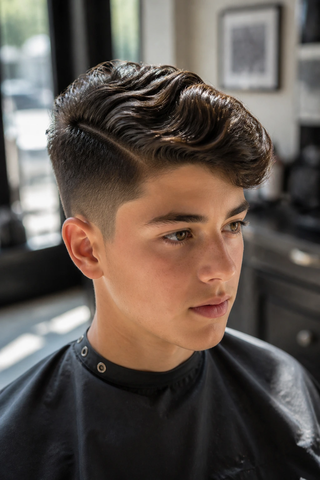 Close-up portrait of a real boy with Short Sides, Heavy Top Side Part hairstyle in a sunlit barber shop
