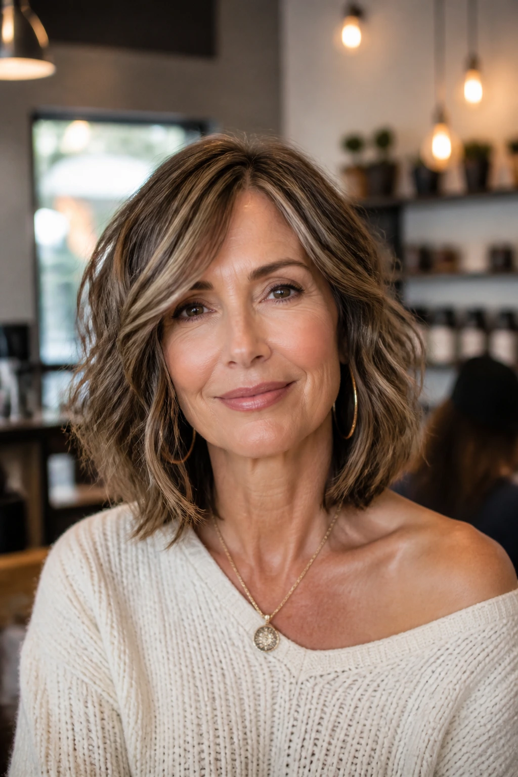 Real woman with shoulder bob wearing chic clothes and earrings in a cafe