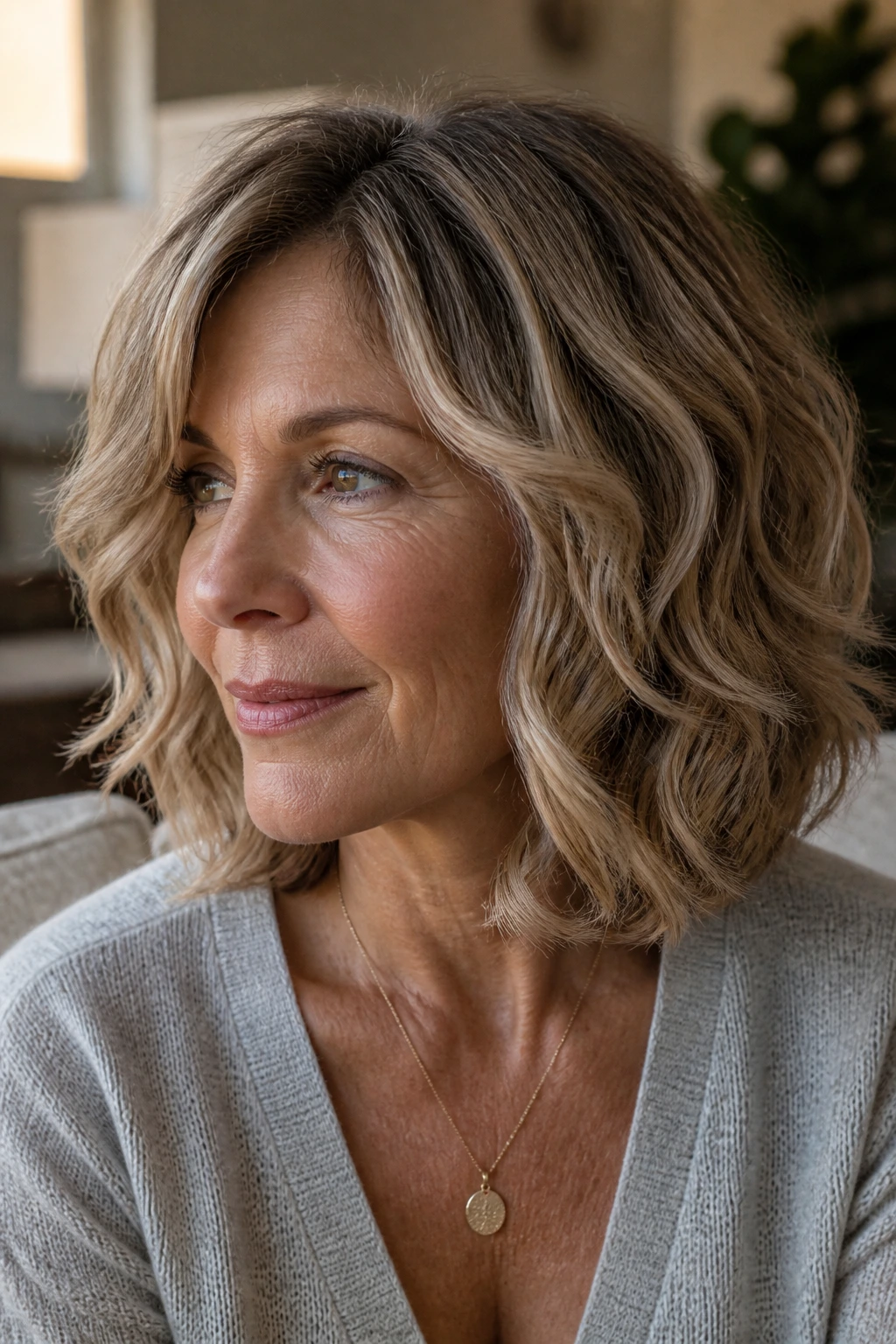 Real woman with shoulder bob matching wave pattern in cozy setting