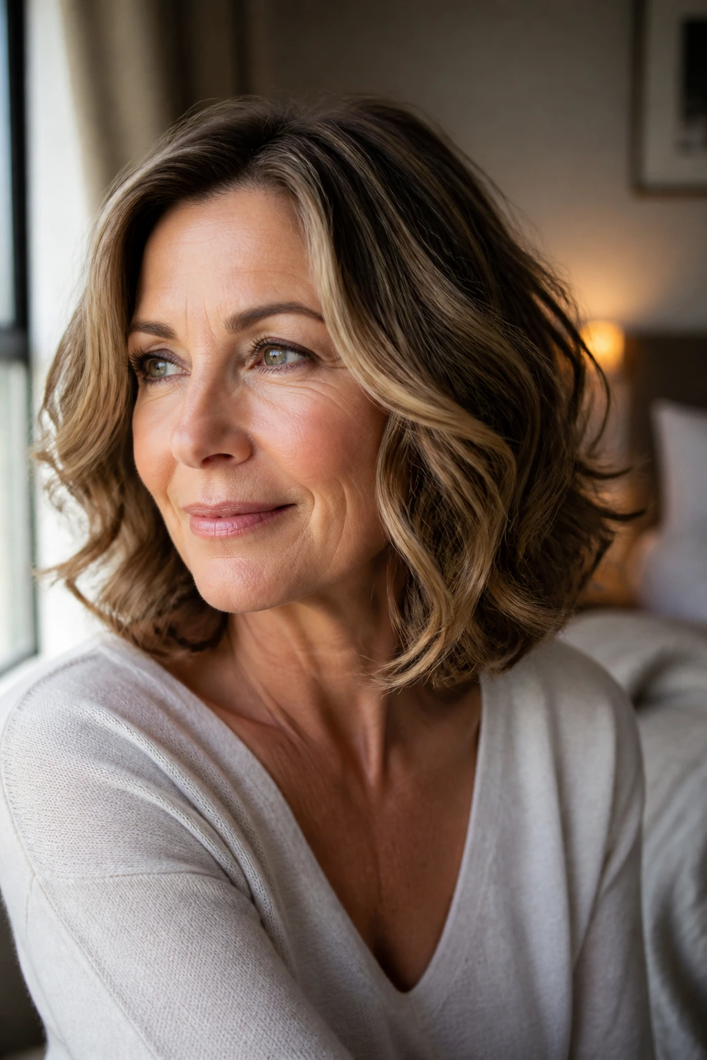 Close-up of a real woman with a shoulder bob on wavy hair, soft window light