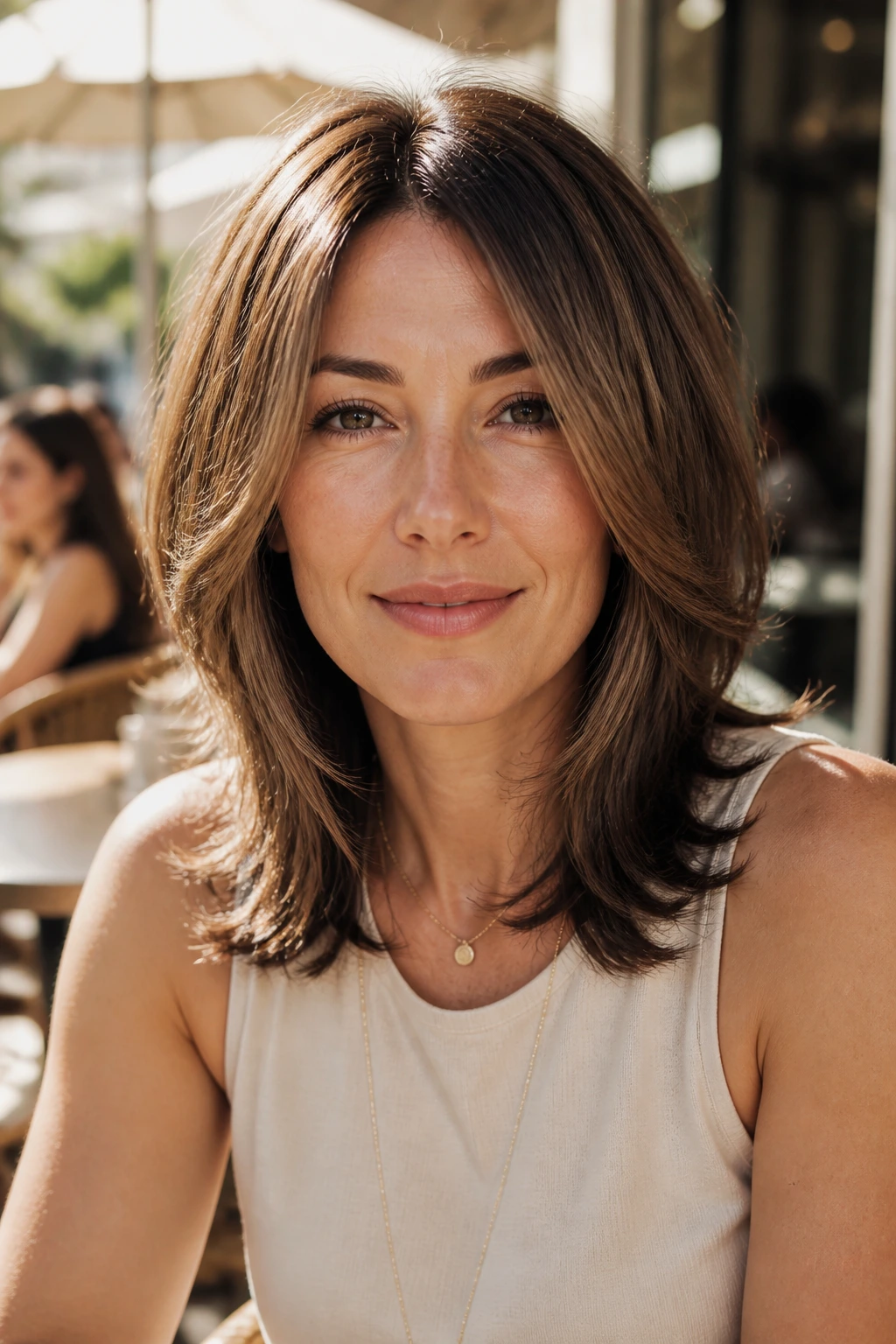 Close-up portrait of a woman with shoulder-length butterfly cut