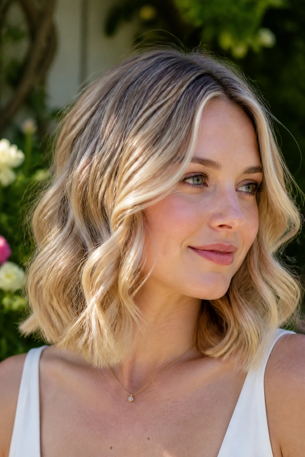 Close-up of real woman with shoulder-skimming curls champagne blonde