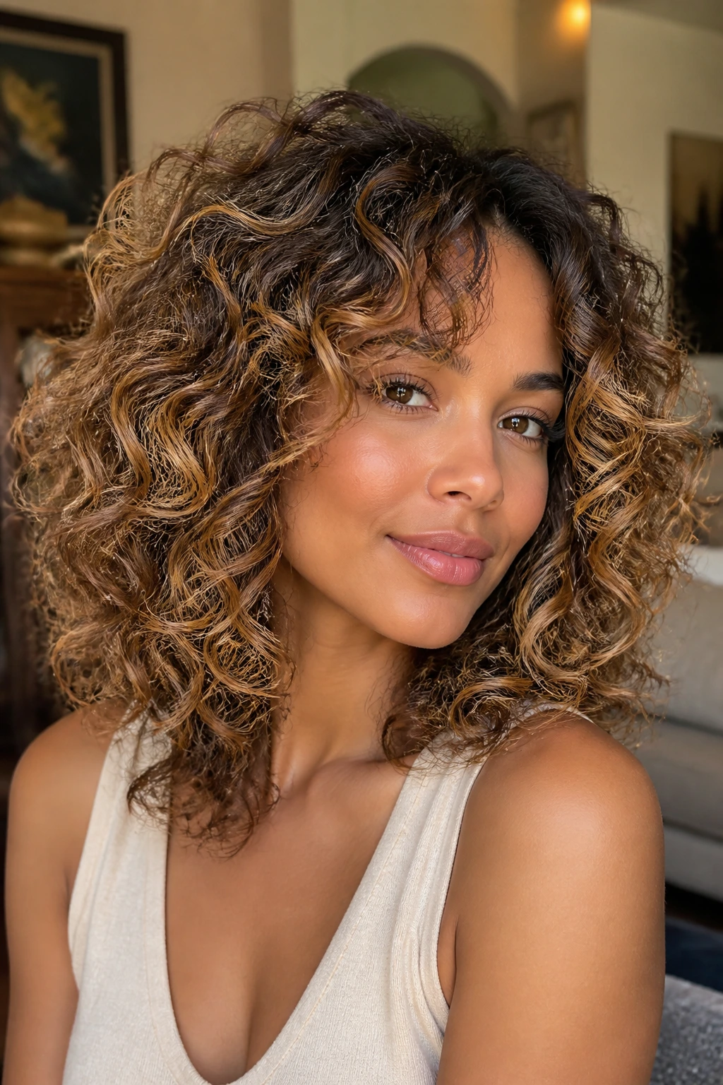 Real person with shoulder-length curly hair, brushed-out volume, and caramel highlights