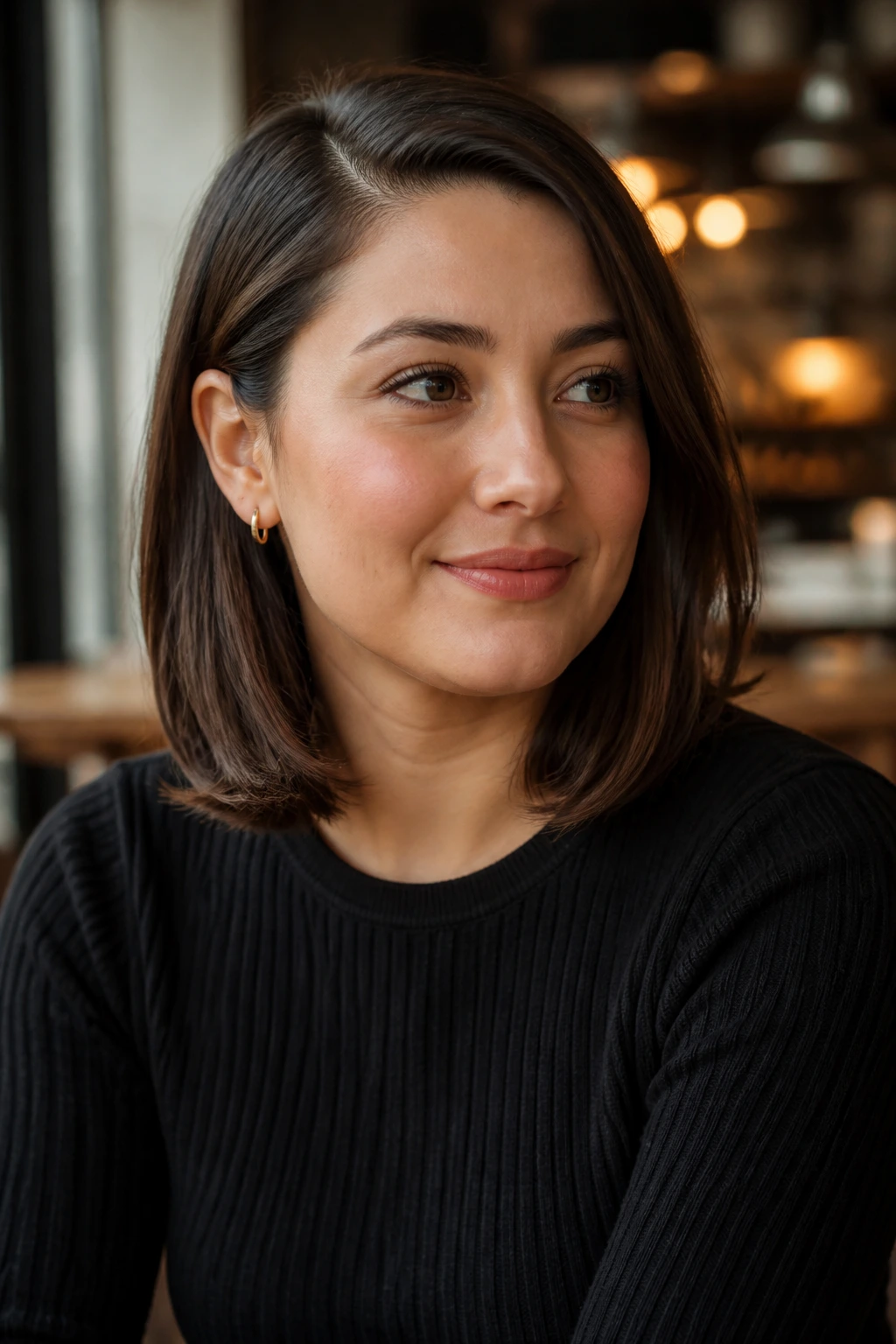 Close-up portrait of a real woman with shoulder-length hair tucked behind the ears