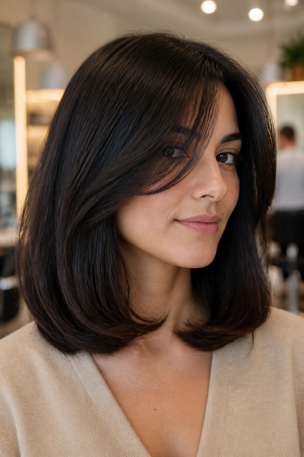 Close-up of real woman with shoulder-length hair and tucked-under ends in warm lighting