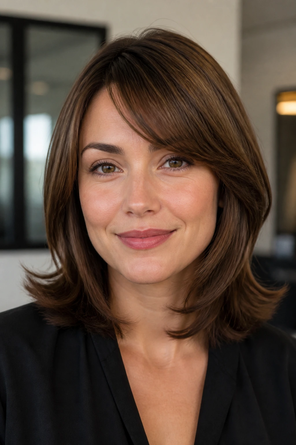 Close-up of a real person showing shoulder-length hair with outward flip ends