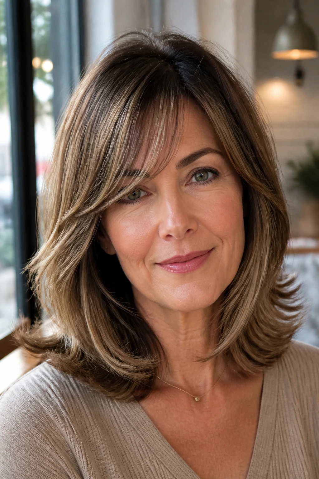 Close-up of a real woman with shoulder flip layers and a side fringe.