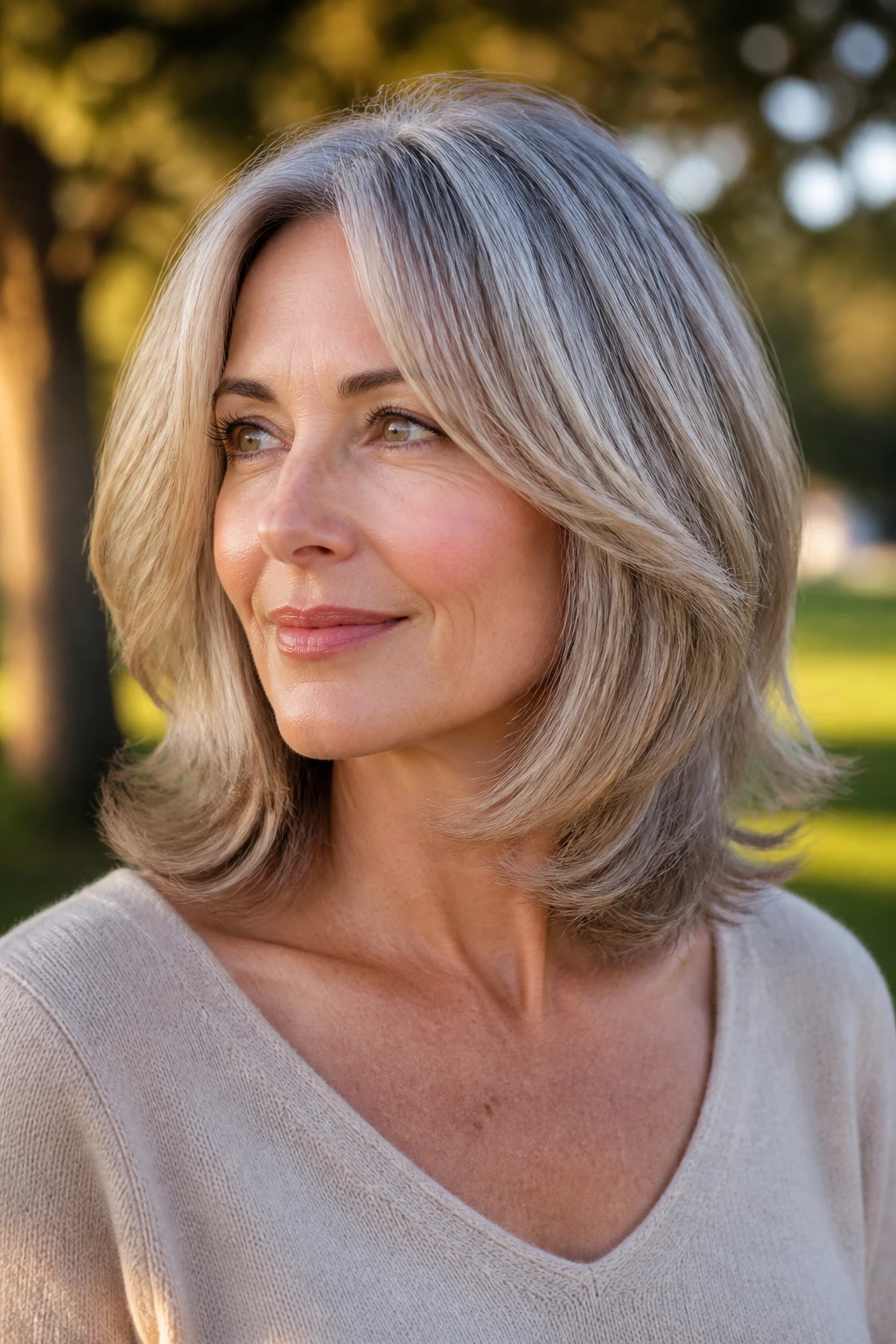 Close-up of a real woman with an airy shoulder-length flip and sandy lowlights.