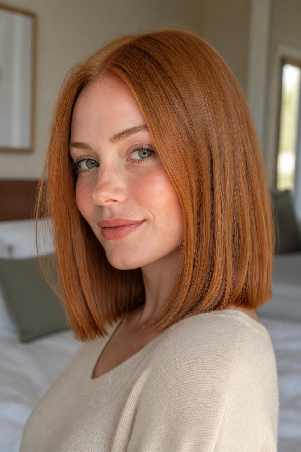 Close-up of a real woman with a shoulder-grazing blunt cut red hair