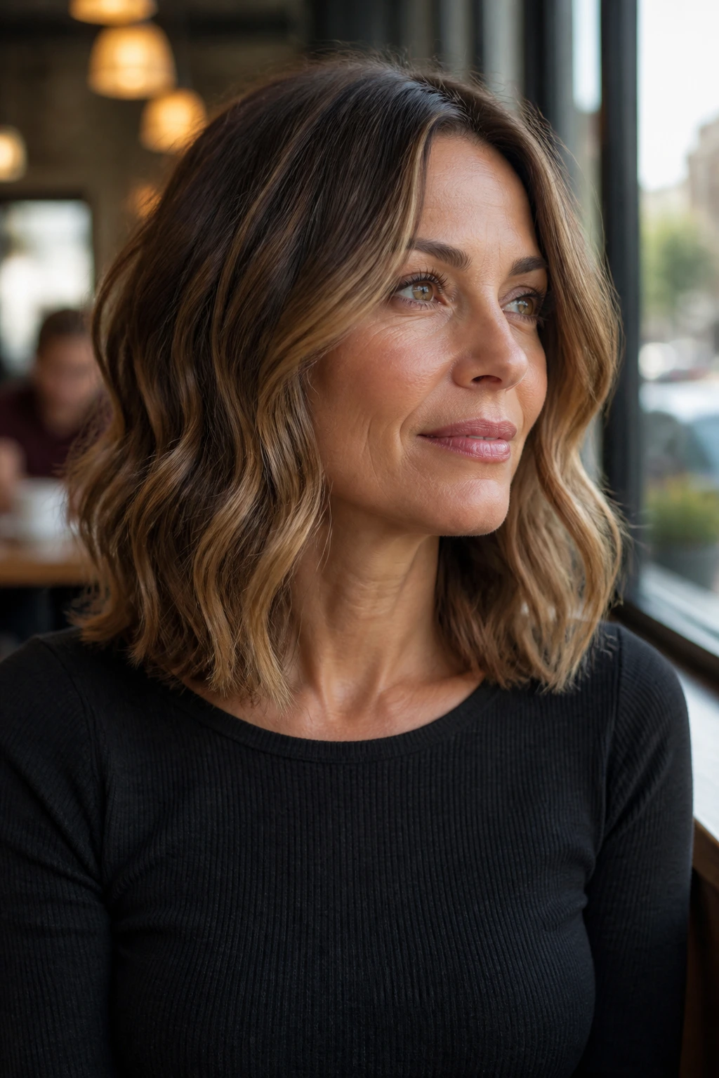 Close-up of a real woman with shoulder-grazing layers and a blunt perimeter for a polished silhouette.