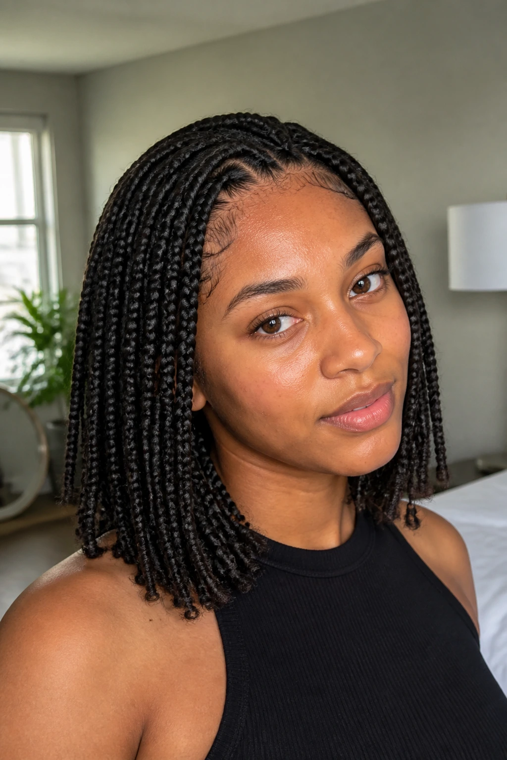 Close-up of a real person with shoulder-grazing singles braids.