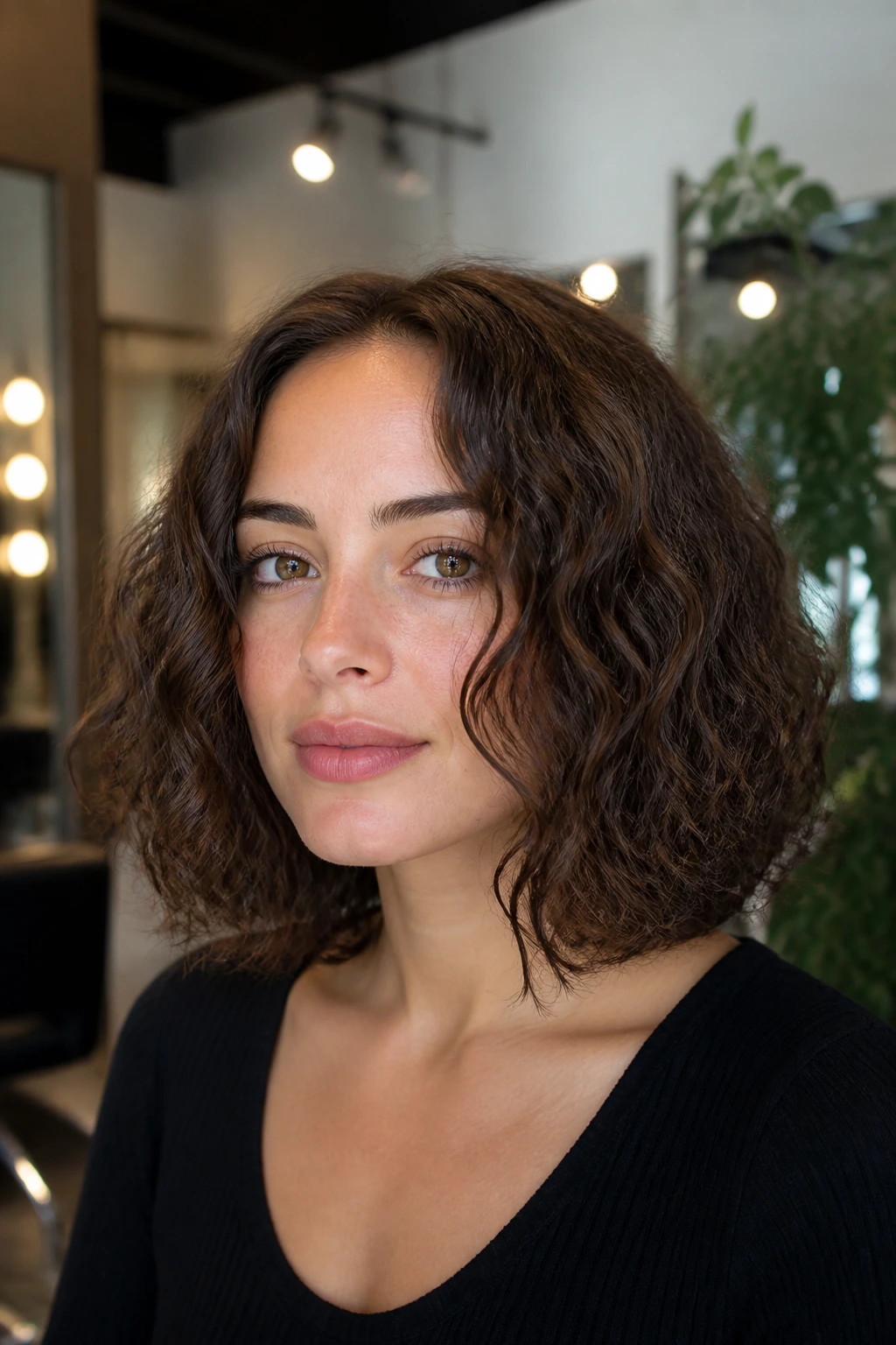 Portrait of a real woman with a shoulder-grazing center-part curly bob in a bright salon