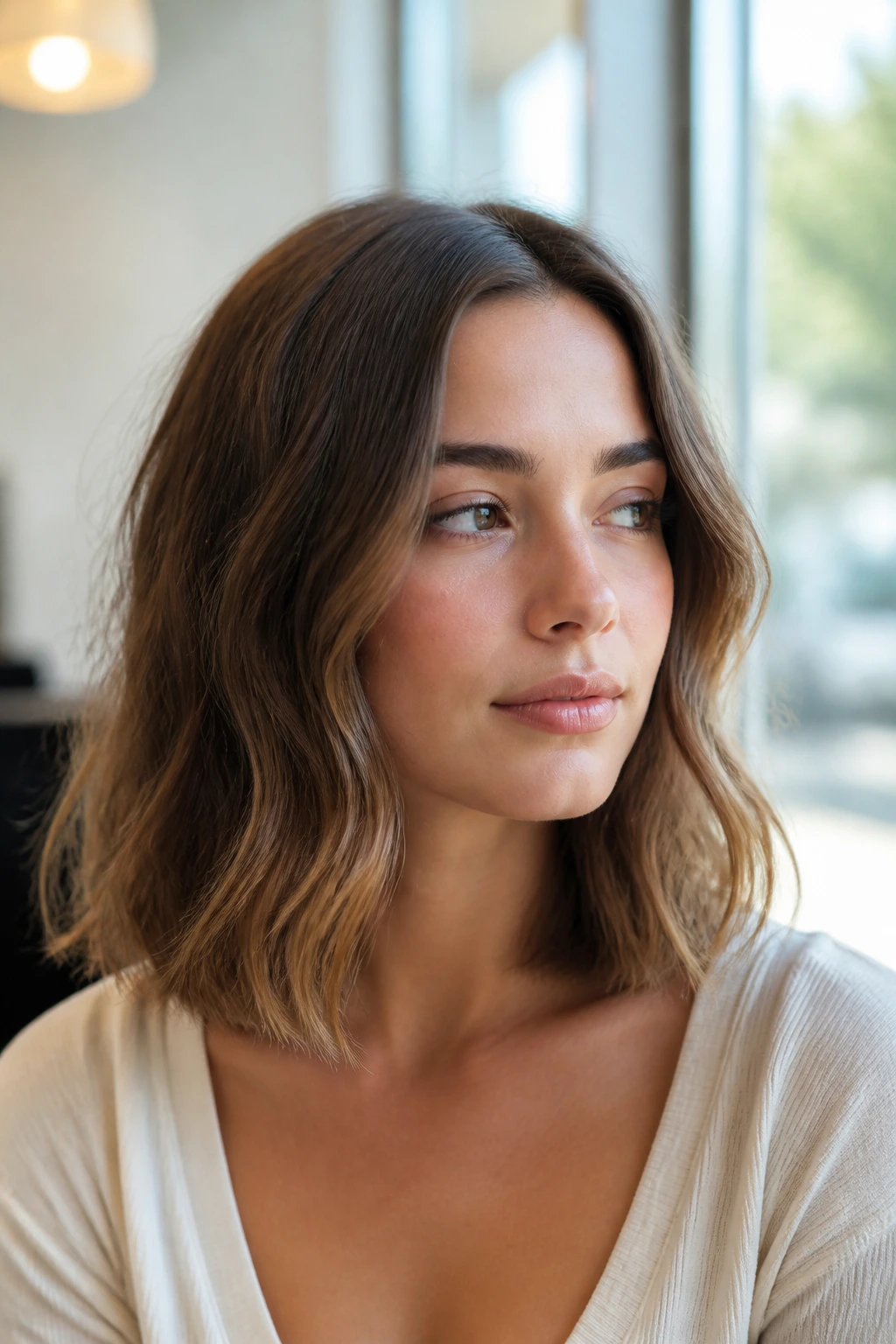 Portrait of a real woman with shoulder-grazing hair and soft S waves center part