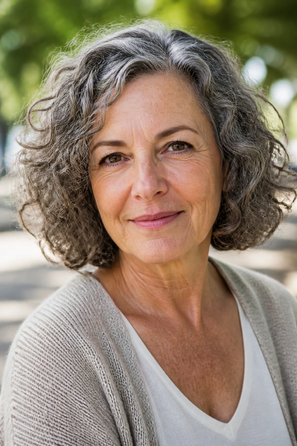 Close-up of a woman with shoulder-grazing natural curls in daylight outdoors