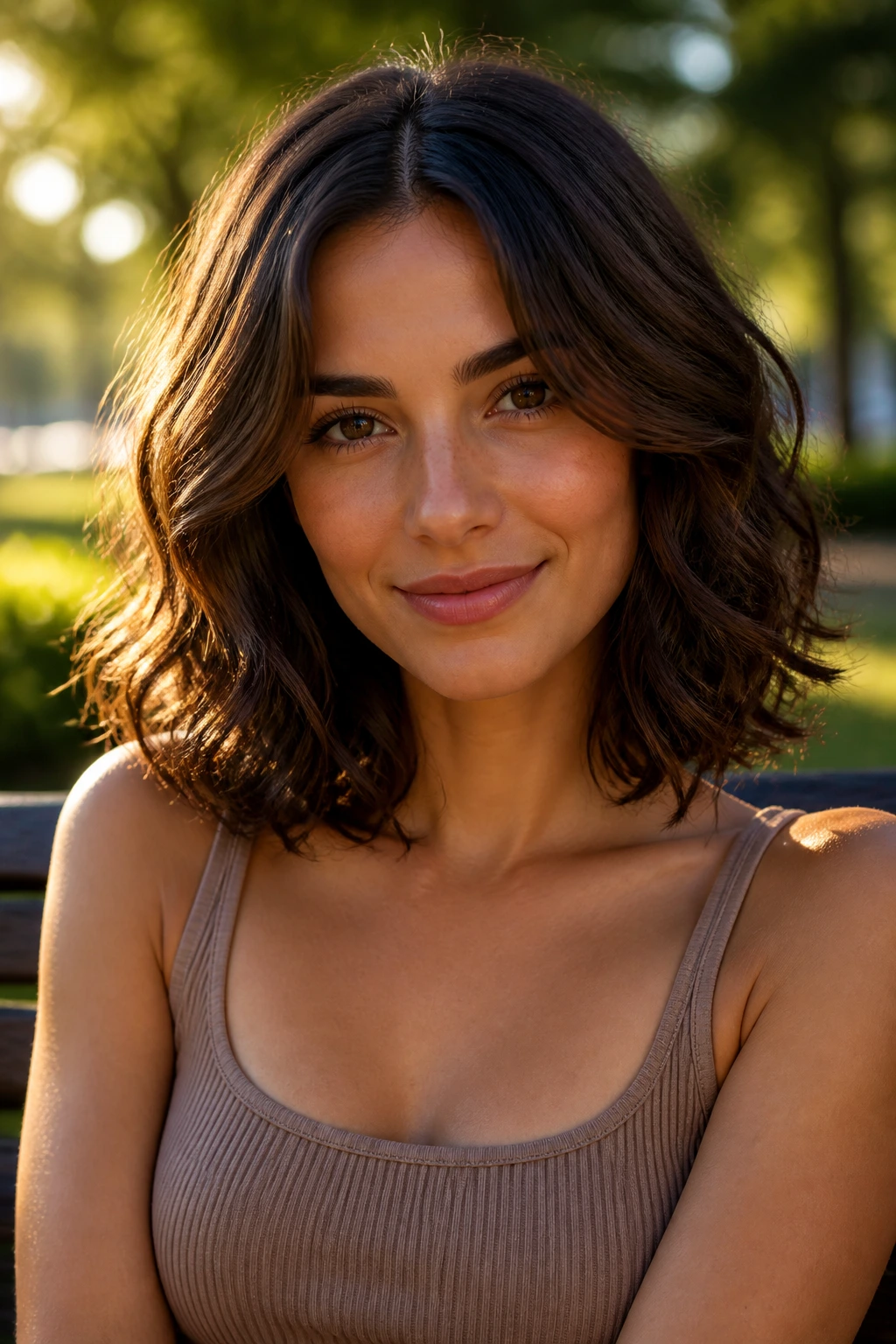 Close-up of shoulder-grazing curls with a soft center part on brunette hair.