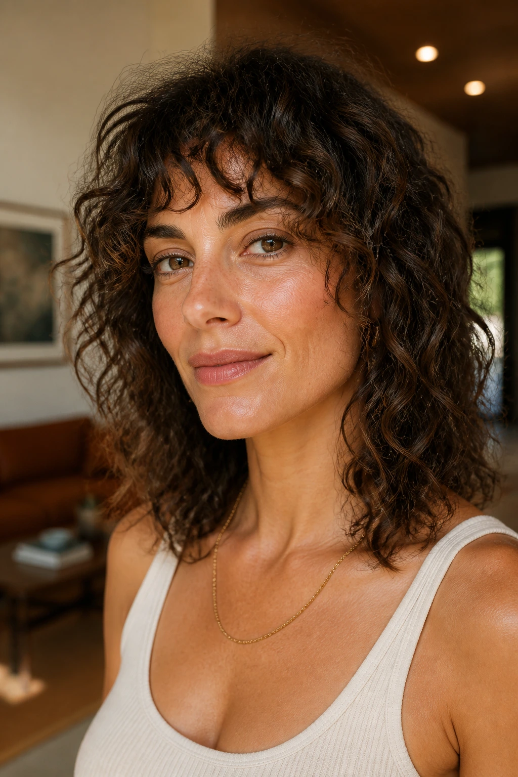 Real woman with shoulder-length curly shag and micro-layers.