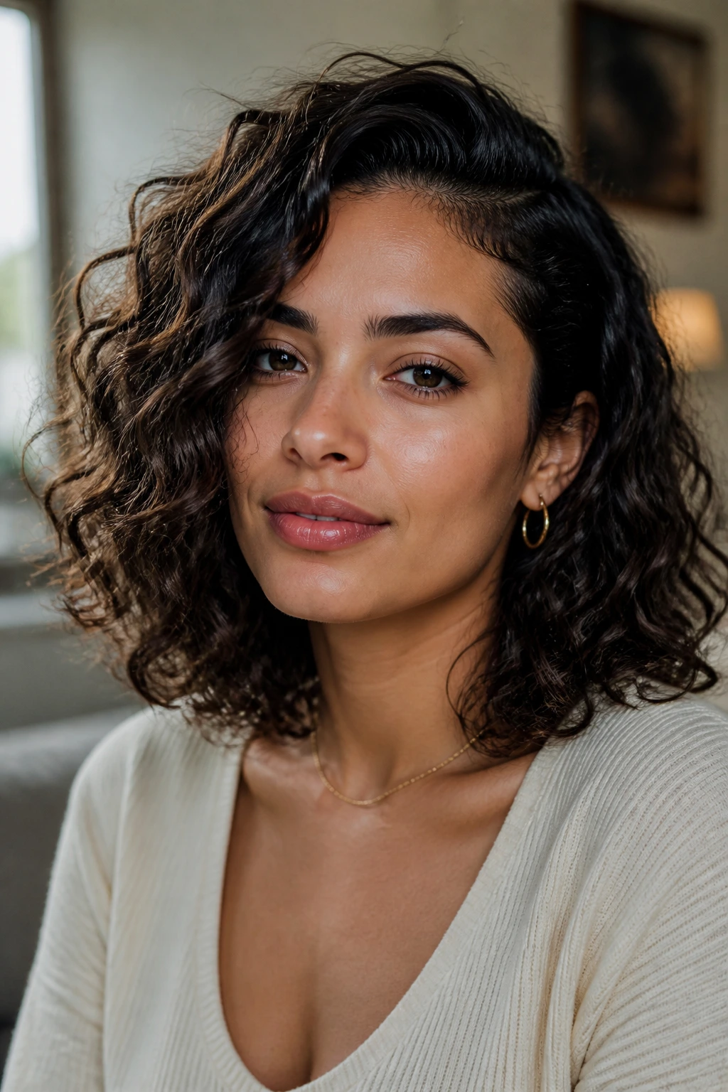 Close-up of shoulder-grazing curls with a side part on a real person