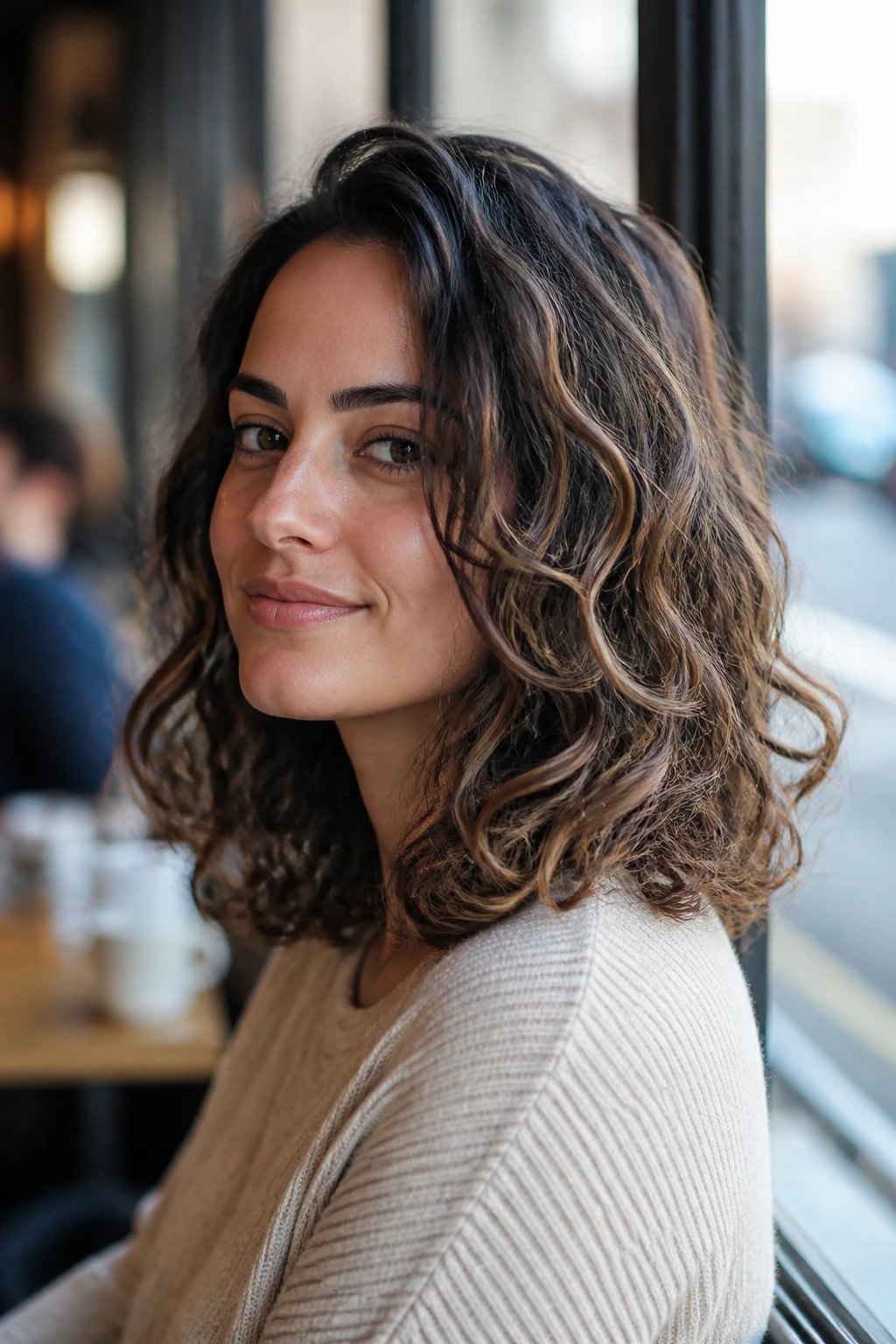 Three-quarter portrait of a real woman with shoulder-grazing curls and waves at medium length