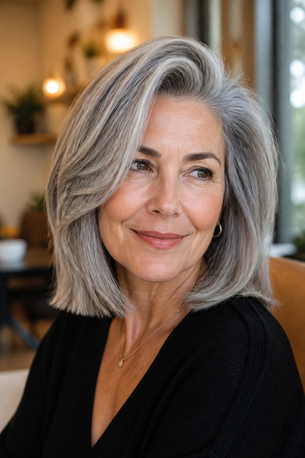 Close-up of a real woman with shoulder-length grey hair and a deep side part