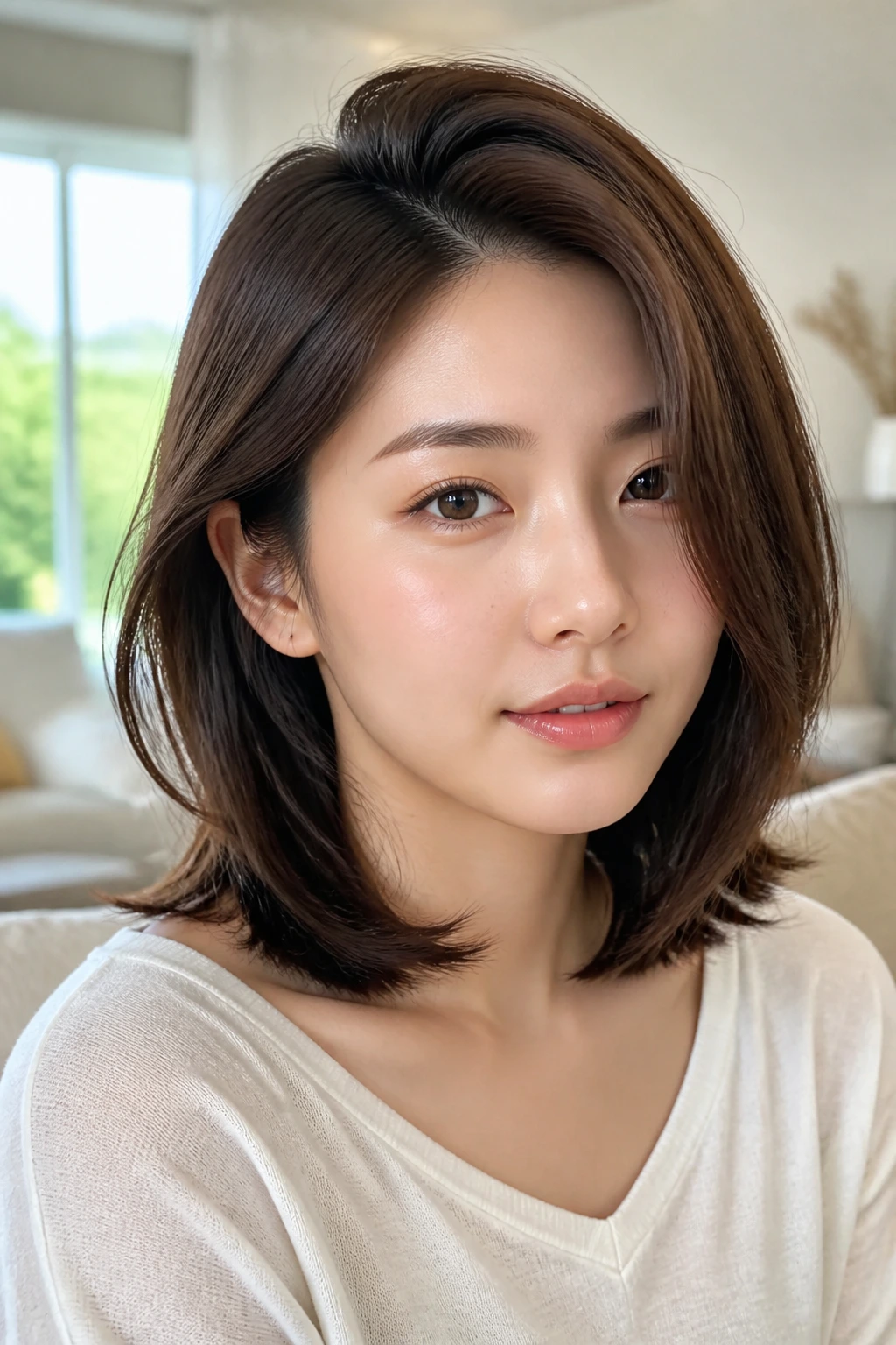 Shoulder-length haircut with deep side part on a real woman in bright room