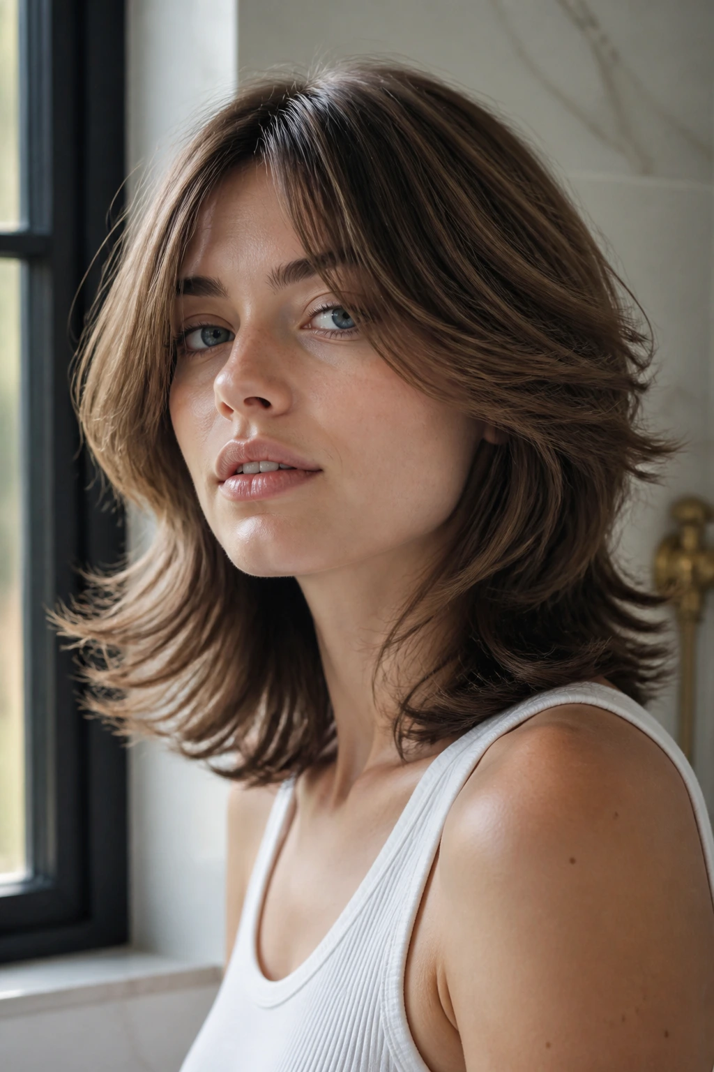 Close-up of a real woman with shoulder-grazing flip and feathered layers in cool-toned hair