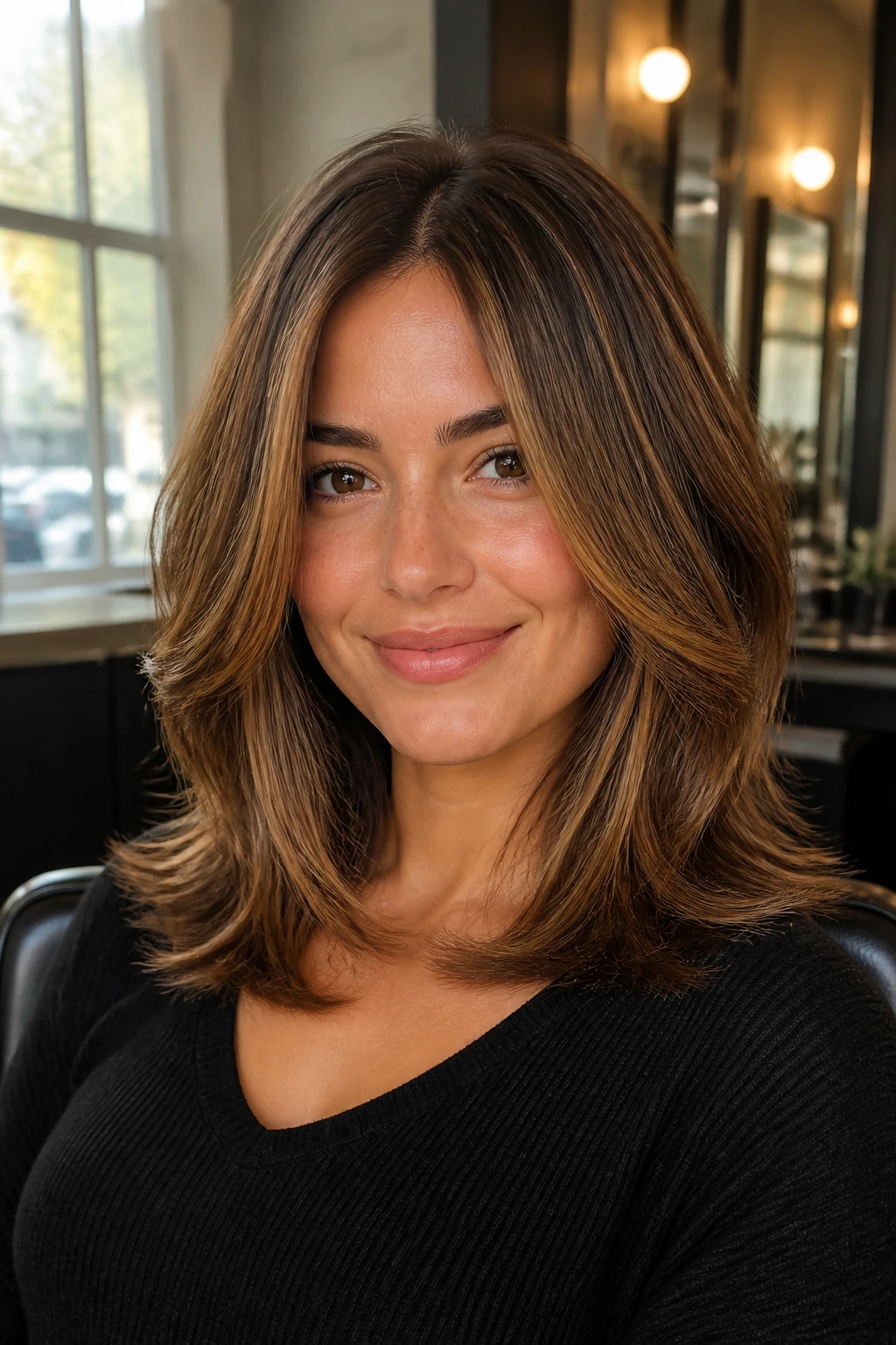 Close-up of a woman with shoulder-grazing layered hair and caramel highlights