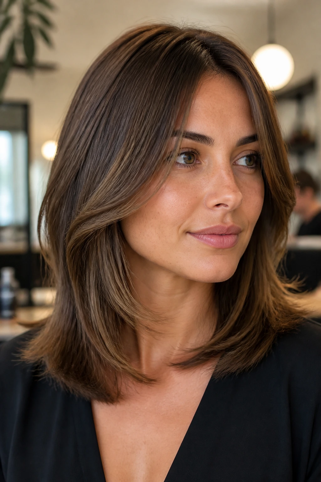 Close-up portrait of a woman with shoulder-grazing layers and face-framing pieces.