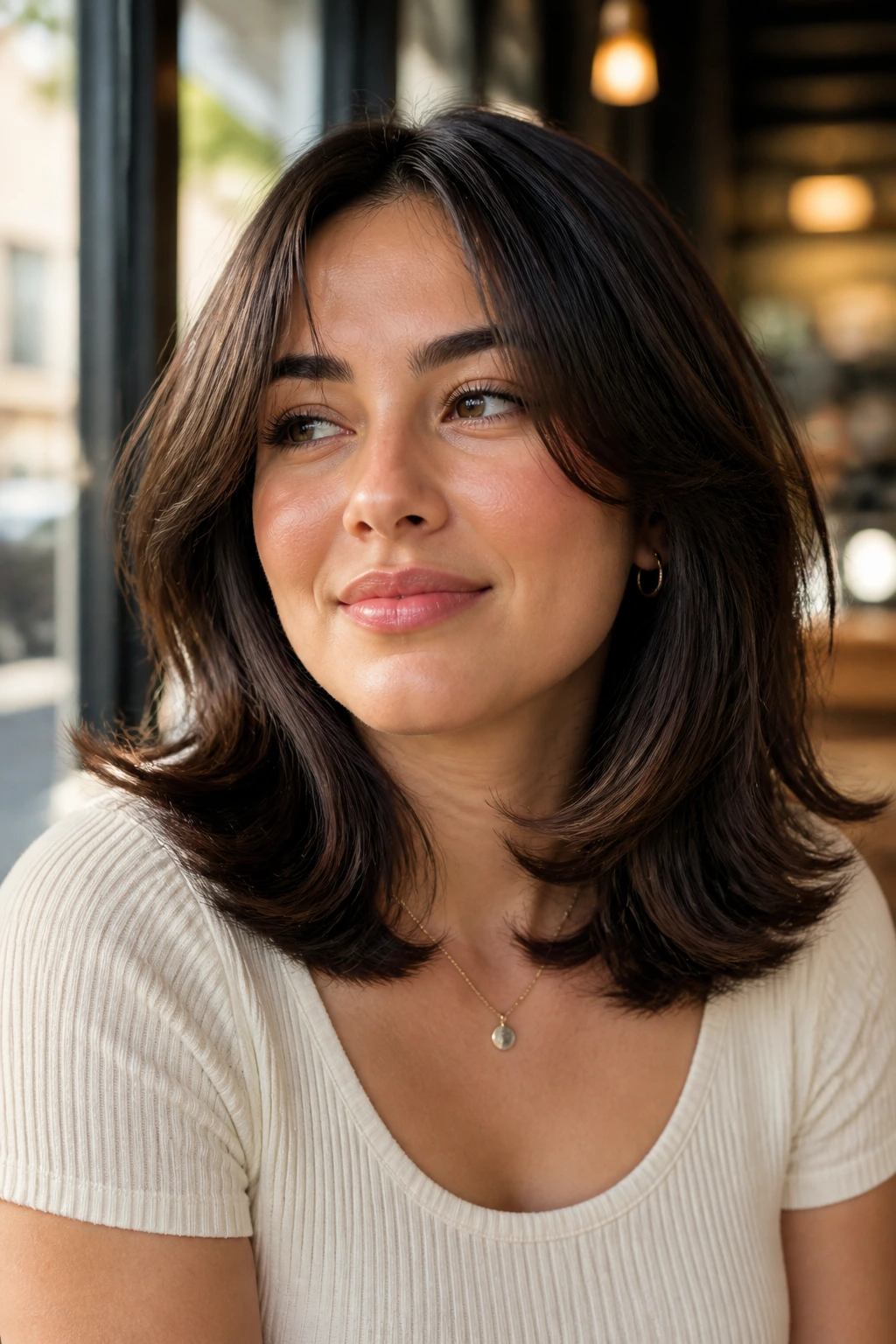 Close-up of a real woman with shoulder-length layered hair and flipped-out ends.
