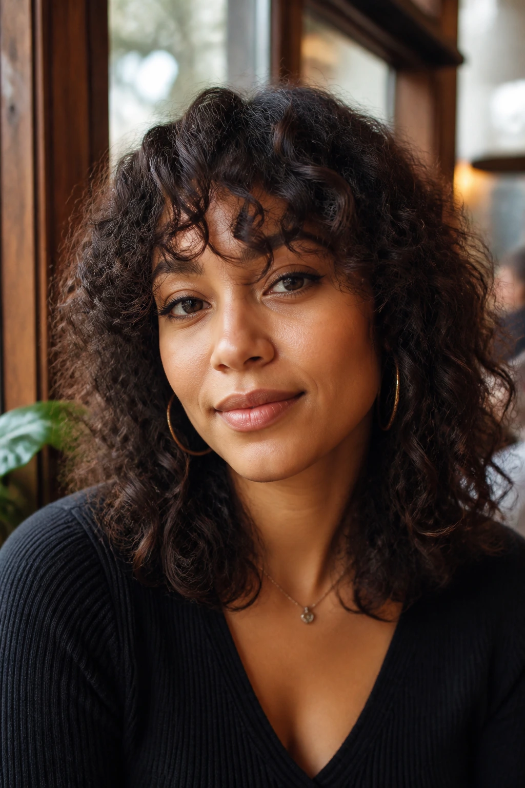 Close-up of a real person with shoulder-grazing layers and soft split bangs by a cafe window