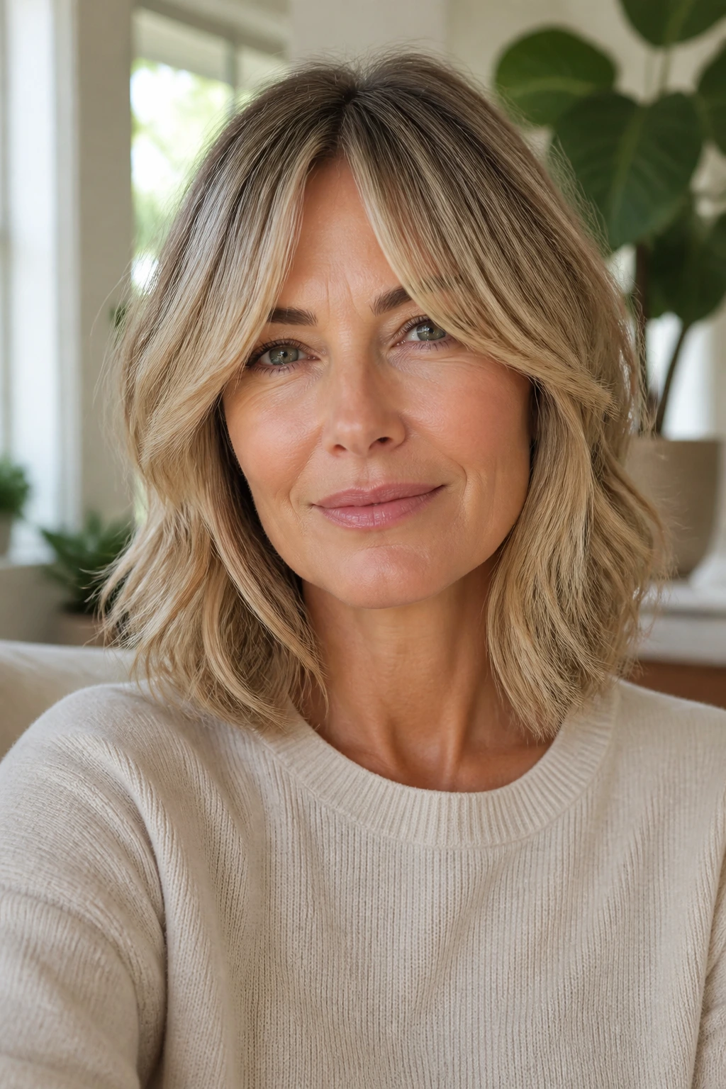 Portrait of a woman with a shoulder-grazing lob and layered curtain fringe.