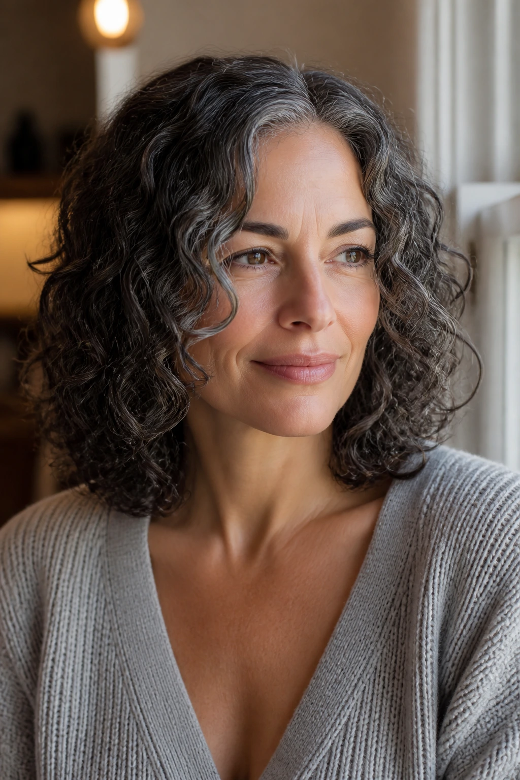 Real person with shoulder-grazing curly lob and face-framing pieces