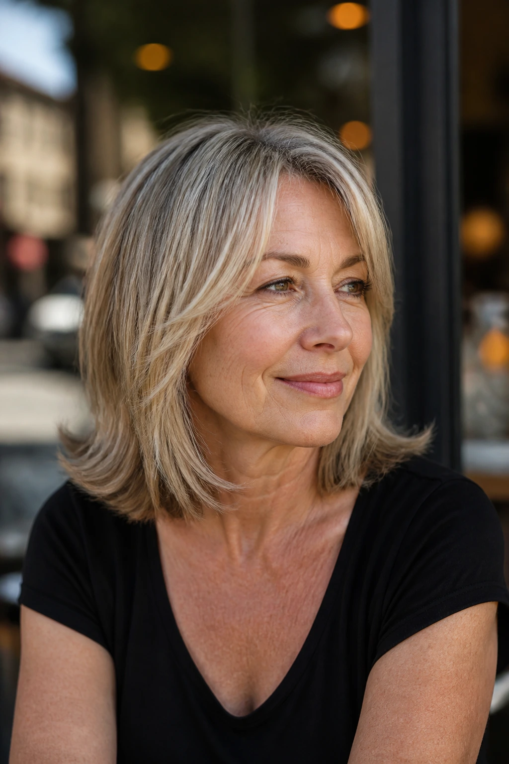Close-up of a real woman with shoulder-grazing lob and flicked ends