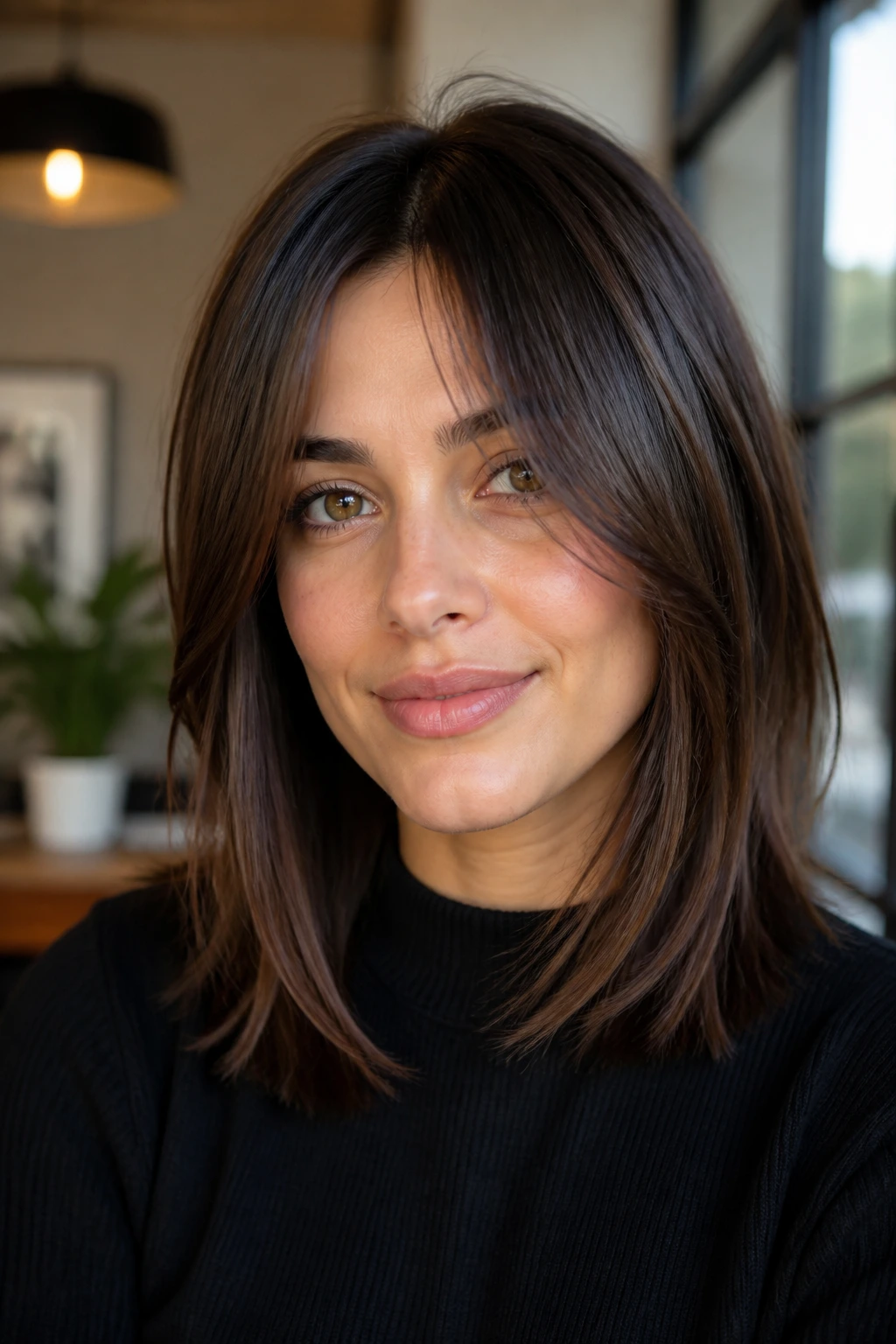 Close-up of shoulder-grazing lob with center-part fringe on a real person