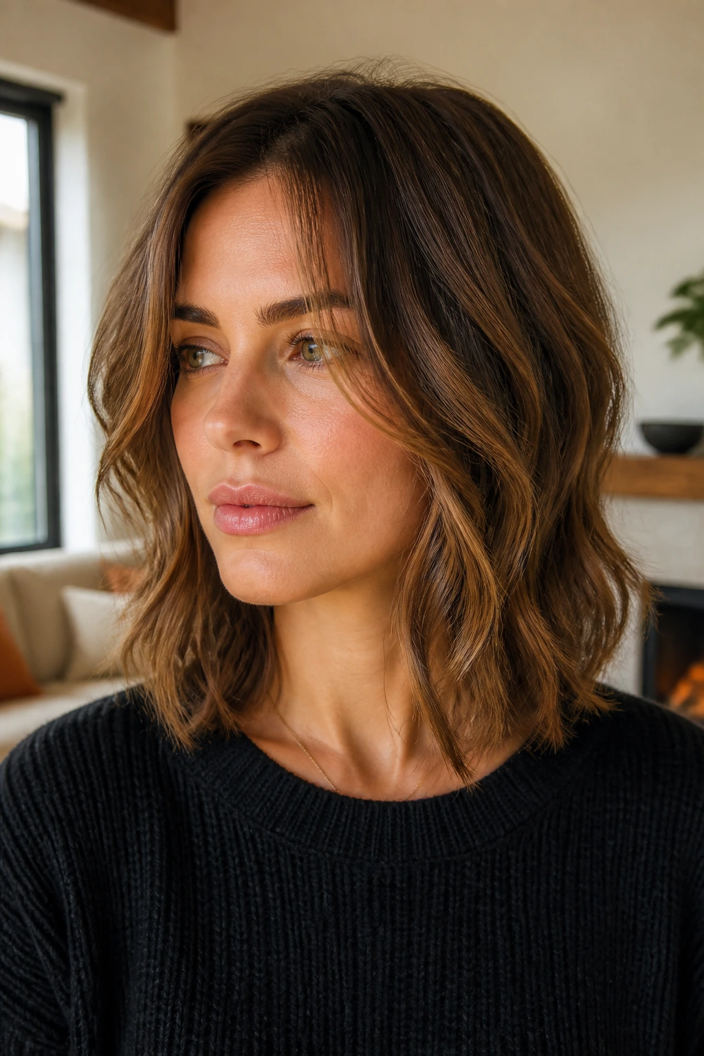 Real woman with shoulder-grazing lob and long layers in natural light.