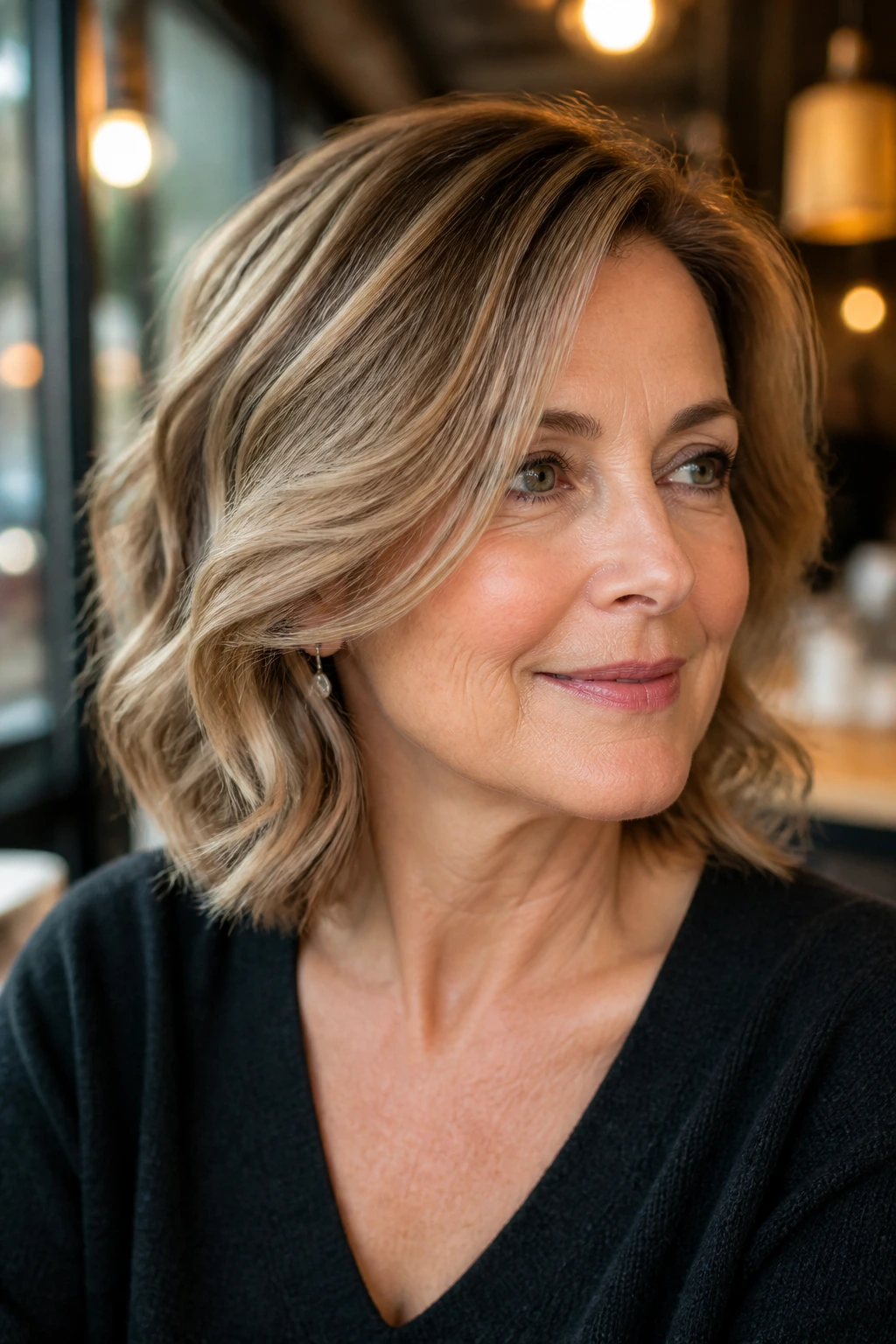 Close-up of a real woman with shoulder-grazing lob and loose S-waves