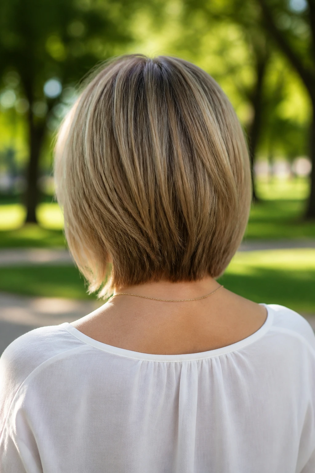 Back view of a real woman with shoulder-grazing lob and tapered nape