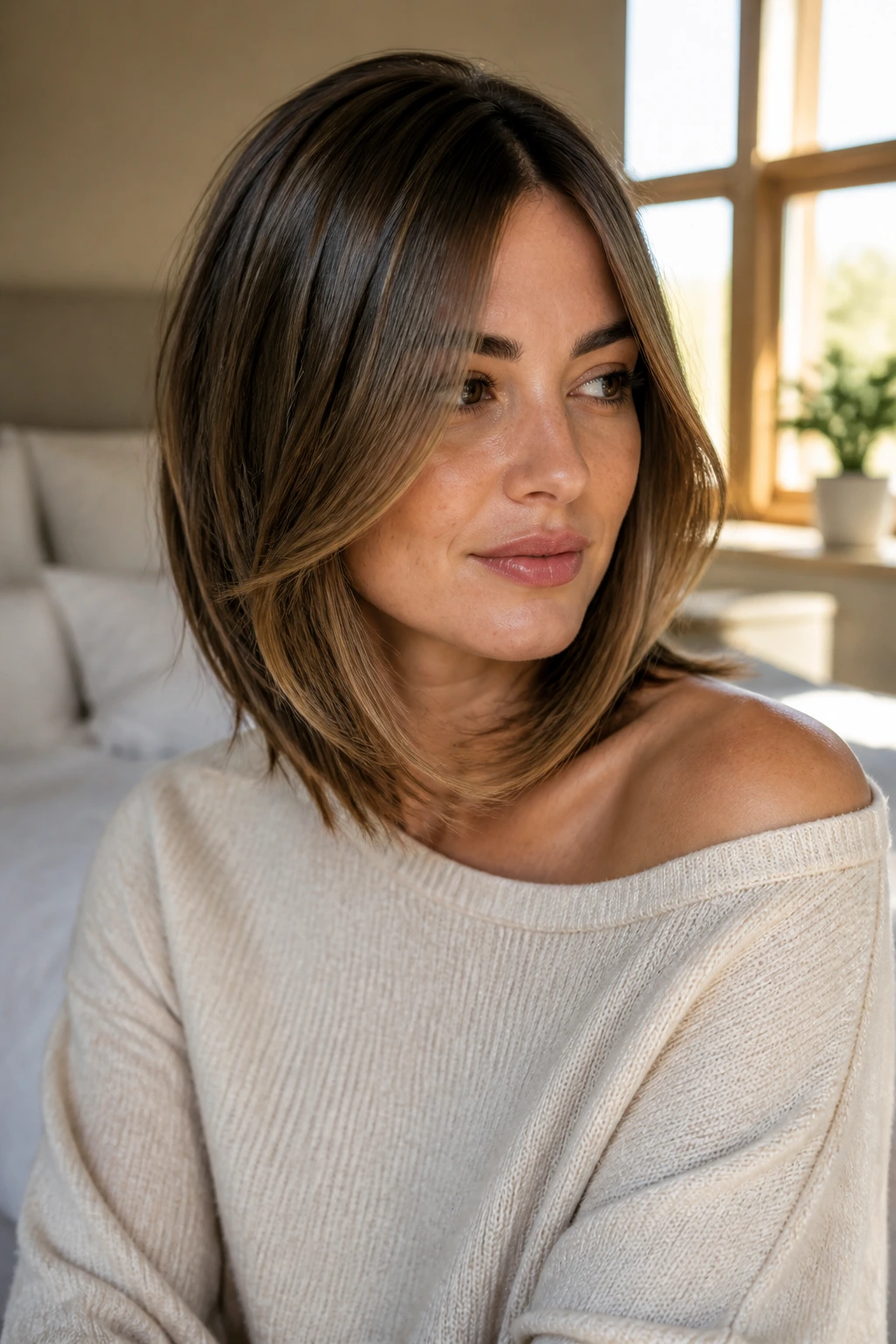 Close-up of shoulder-grazing lob with soft underlayers on a real person