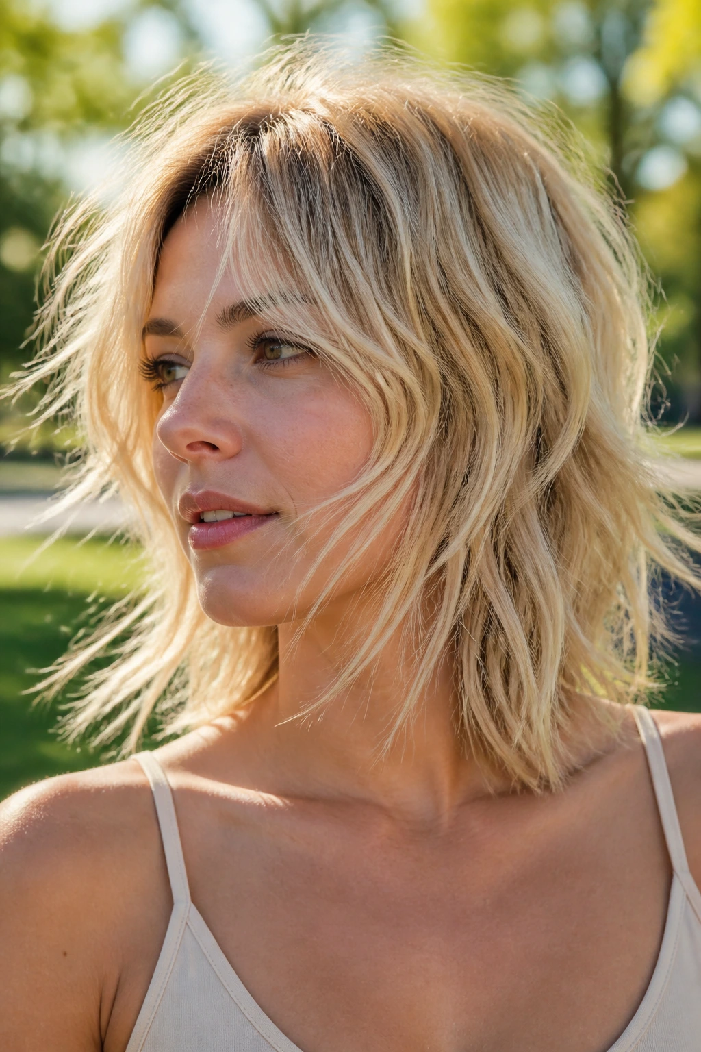 Portrait of woman with shoulder-length shag and warrior texture in blonde
