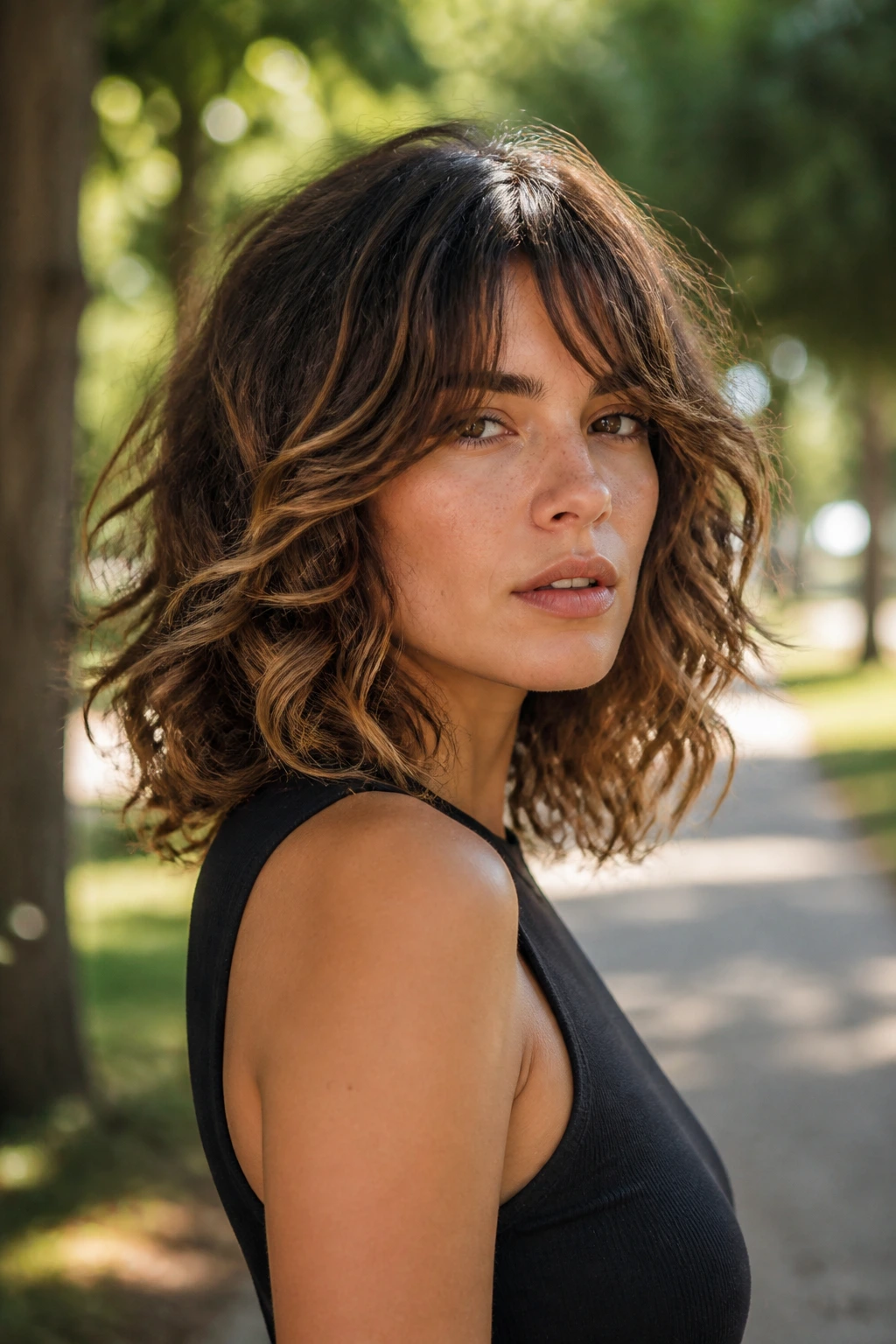 Real woman with shoulder-grazing shag showing diagonal layers and textured curls.