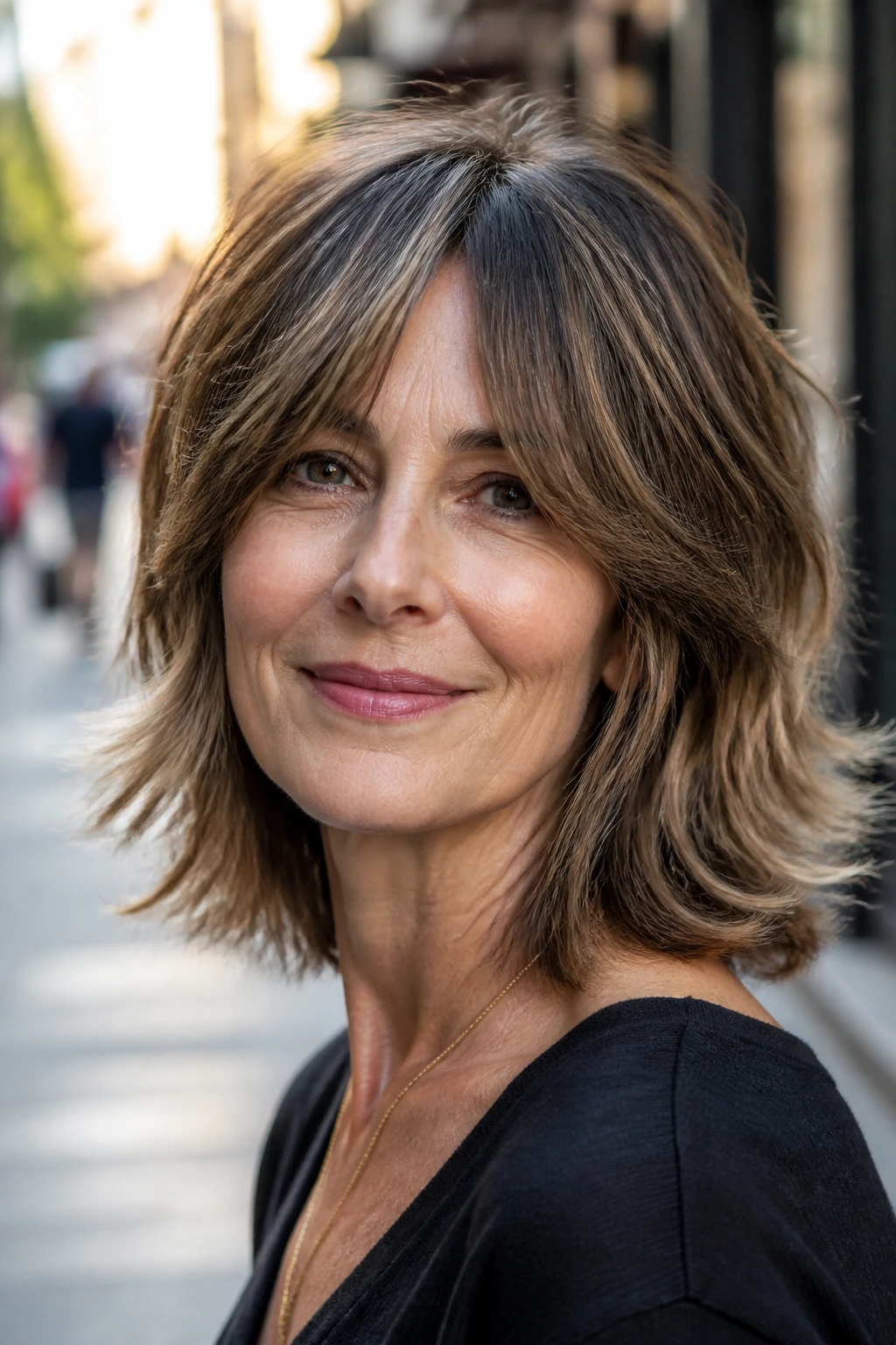 Woman with shoulder-grazing shag and curtain bangs