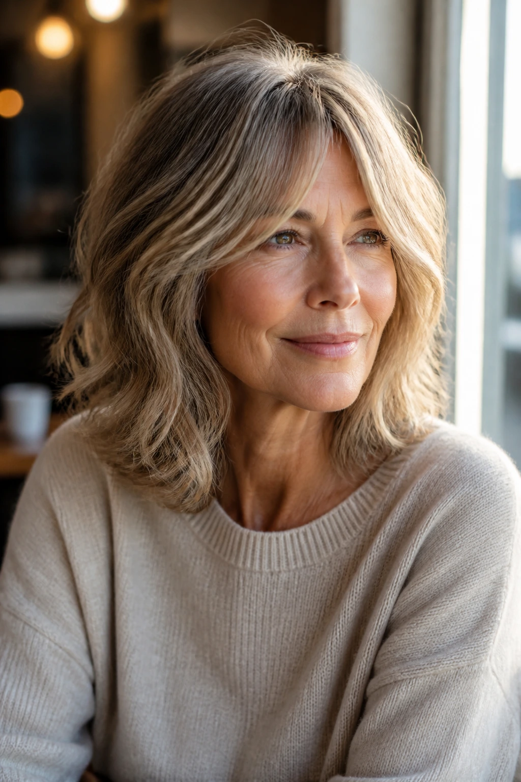 Portrait of a real woman with shoulder-grazing shag and curtain bangs in natural light