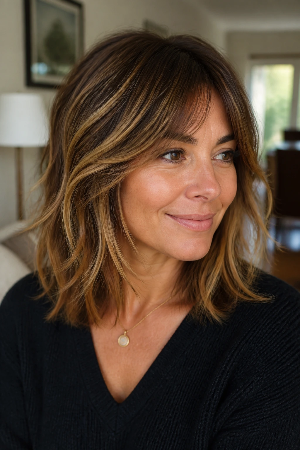 Shoulder-length shag with feathered caramel streaks on a real person.