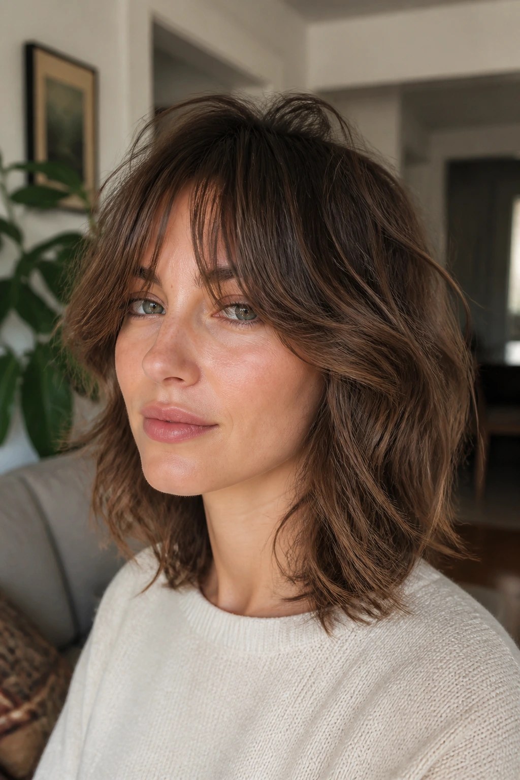 Real person with shoulder-grazing shag and airy fringe showcasing wave movement