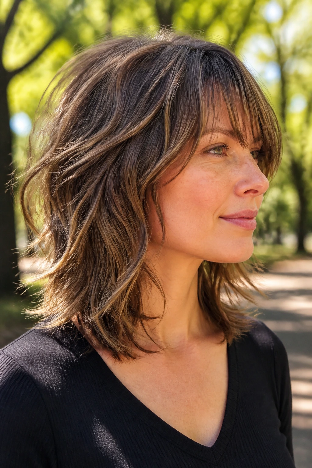 Portrait of a real woman with shoulder-grazing shag and feathered fringe.