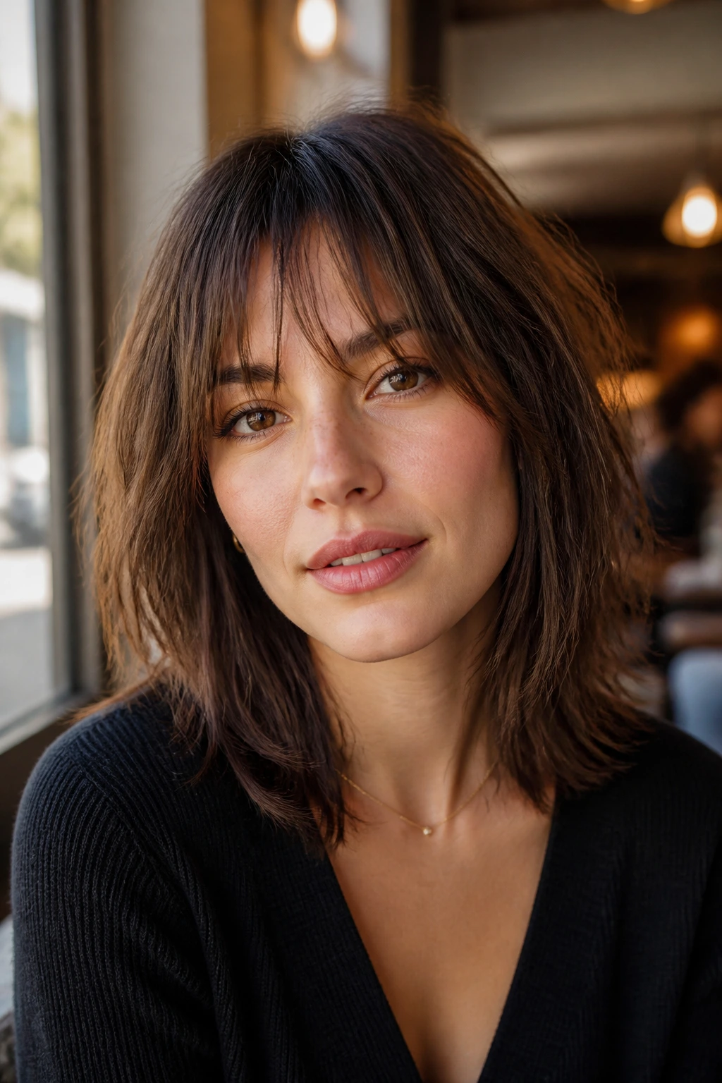 Medium close-up of a real woman with shoulder-grazing shag and see-through bangs