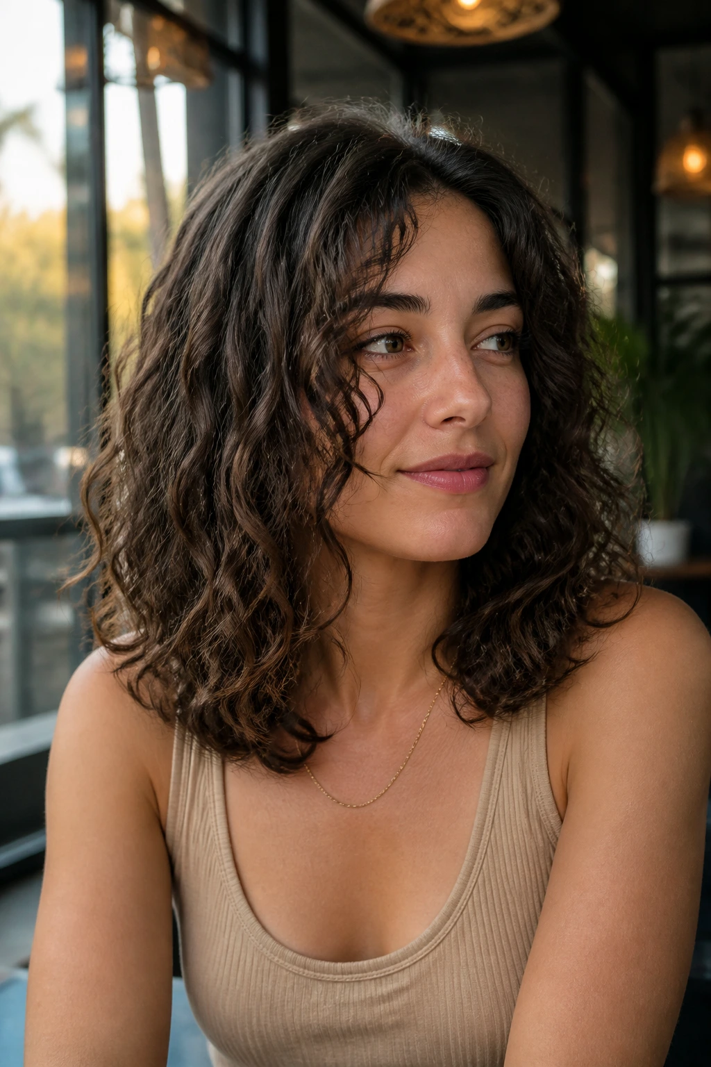 Portrait of a real woman with a shoulder-grazing U-cut hairstyle.