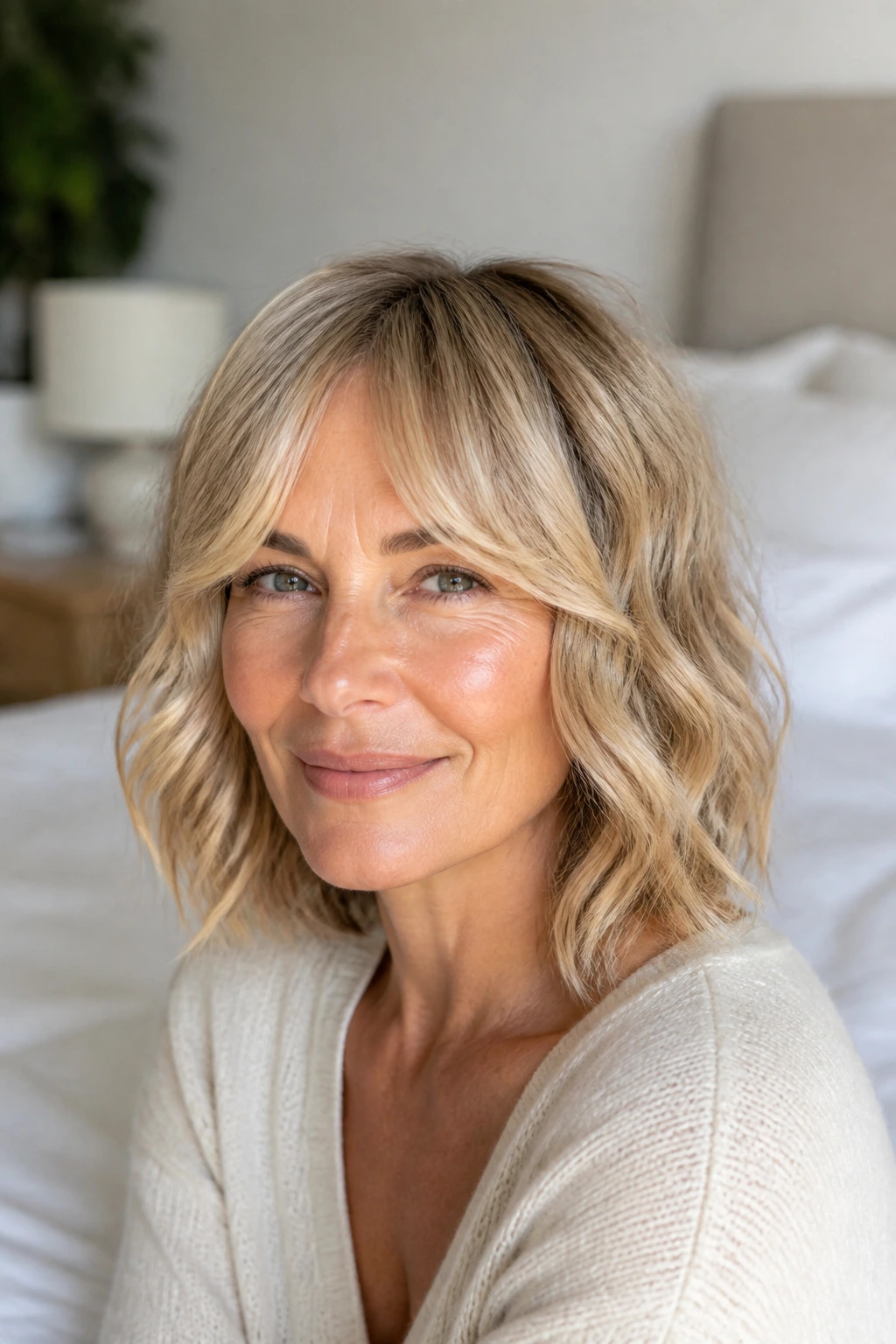 Shoulder-length champagne waves with curtain bangs framing the face