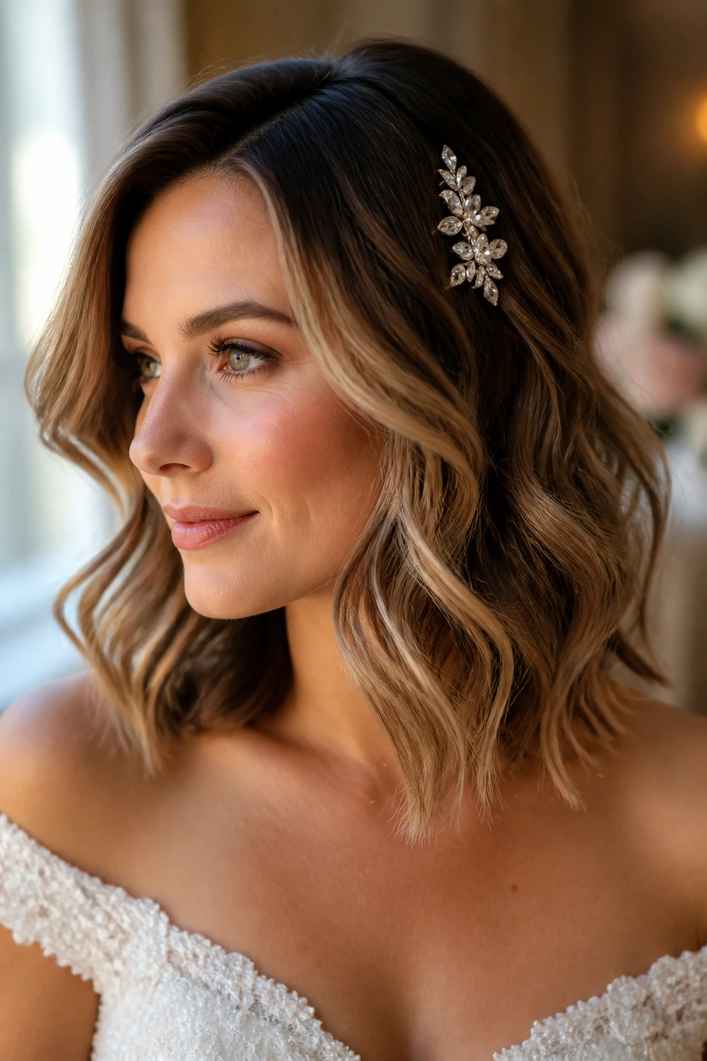 Close-up of a bride's shoulder-length layered waves with a jeweled comb behind the part