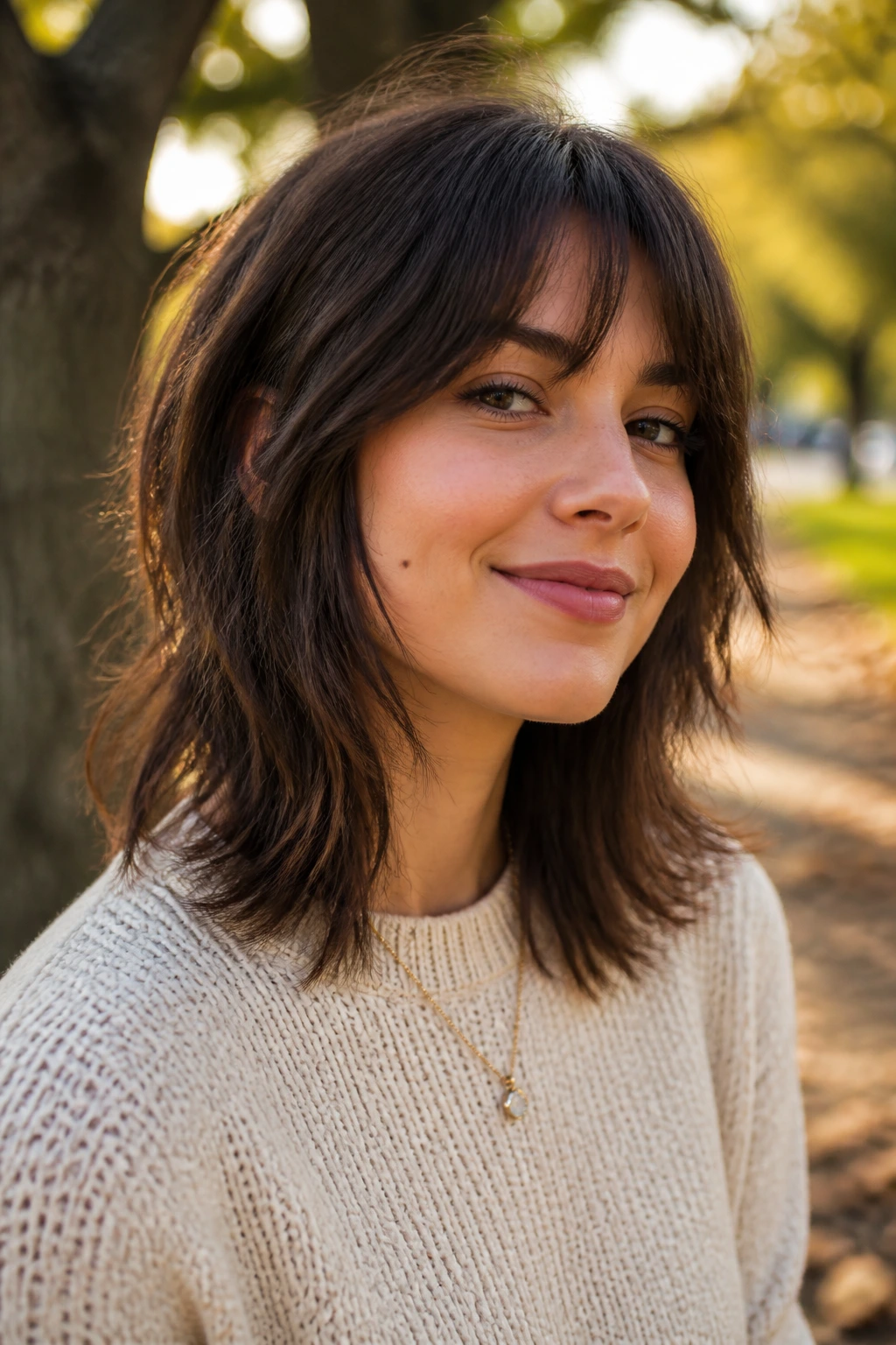 Close-up portrait of a real woman with shoulder-grazing wolf cut and fringe