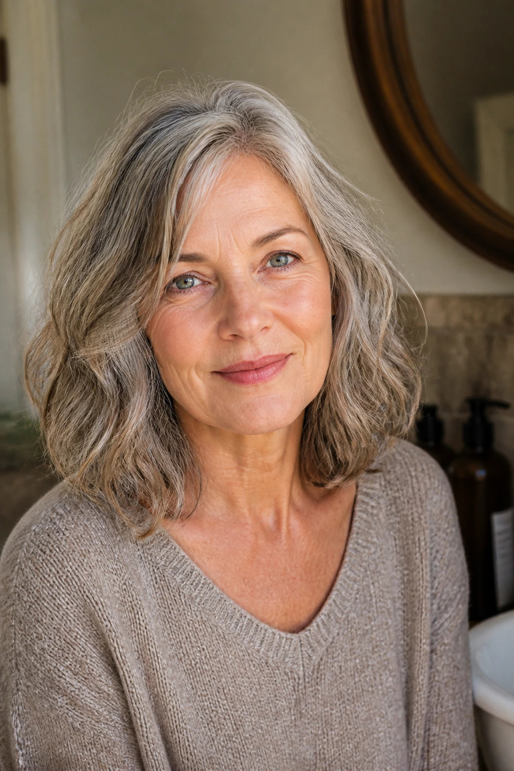 Older woman with shoulder-length air-dried textured hairstyle.